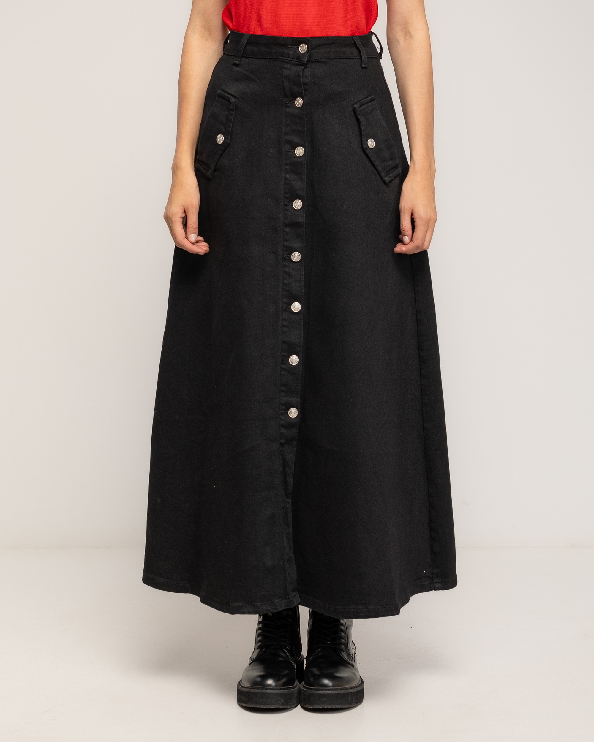 Falda denim midi, corte a, con cierre de botones - Tantra - Negro Negro-2