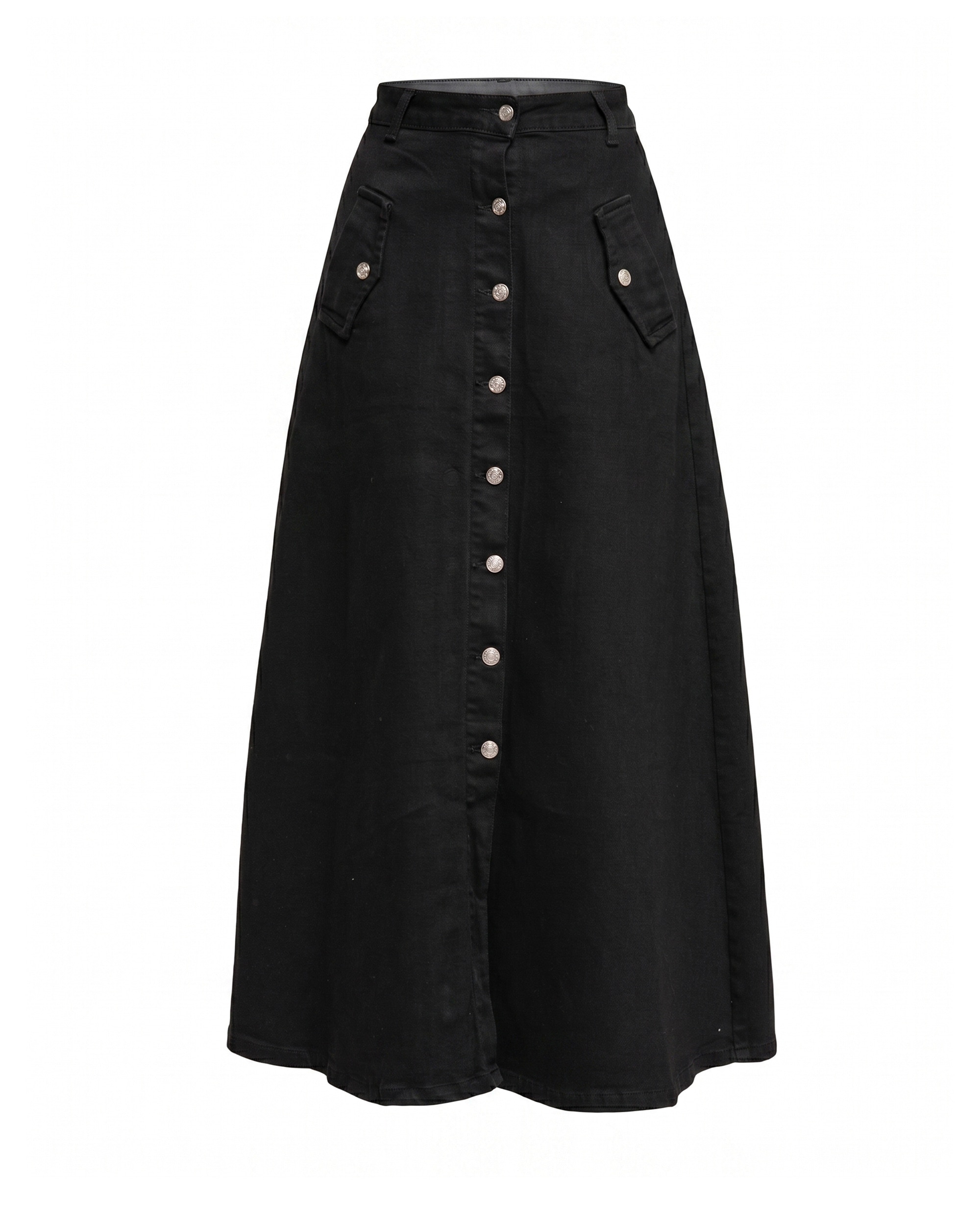 Falda denim midi, corte a, con cierre de botones - Tantra - Negro Negro-5