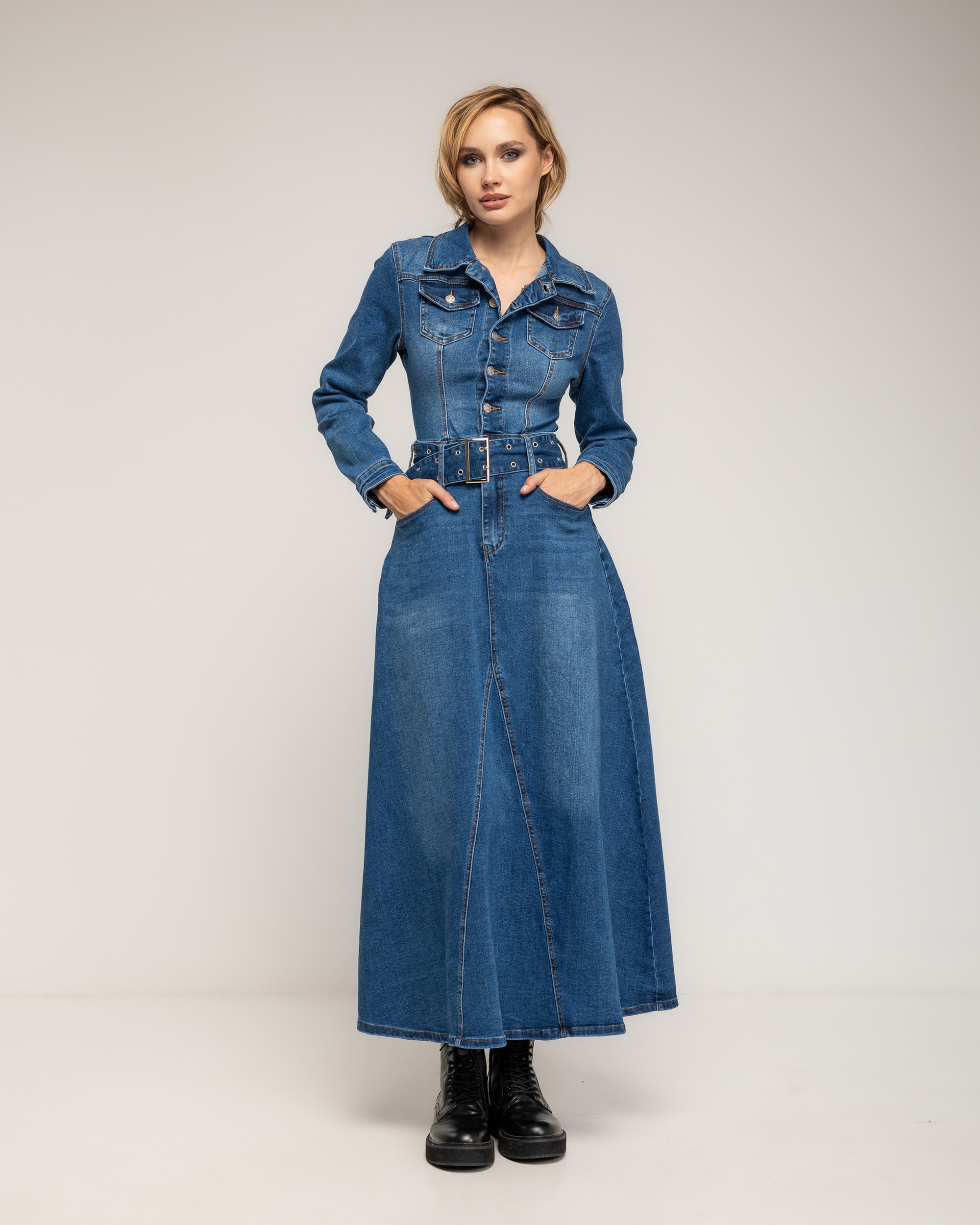 Vestido denim midi corte tipo a, con bolsillos, y cinturón - Tantra - Azul denim Azul denim-1