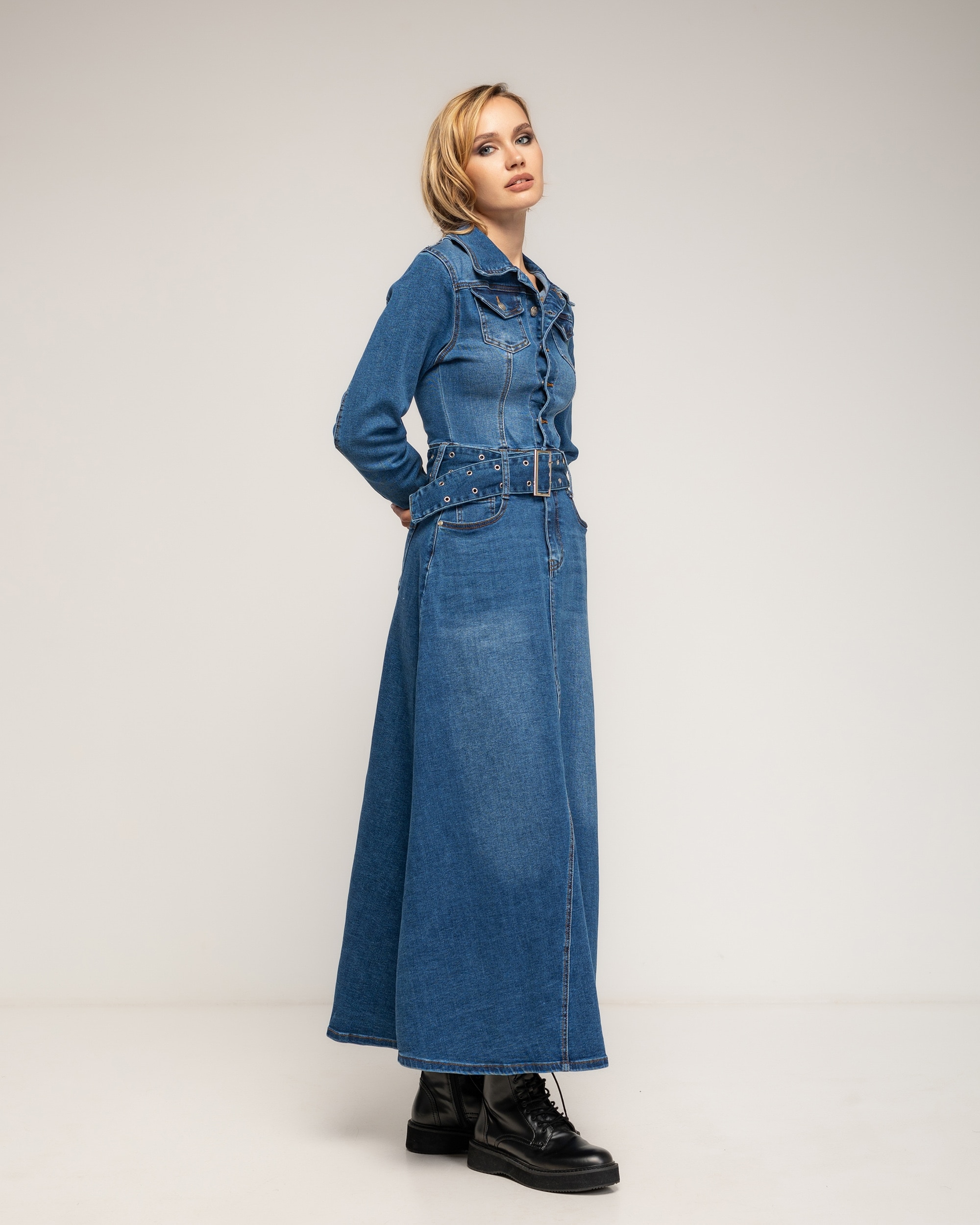 Vestido denim midi corte tipo a, con bolsillos, y cinturón - Tantra - Azul denim Azul denim-2
