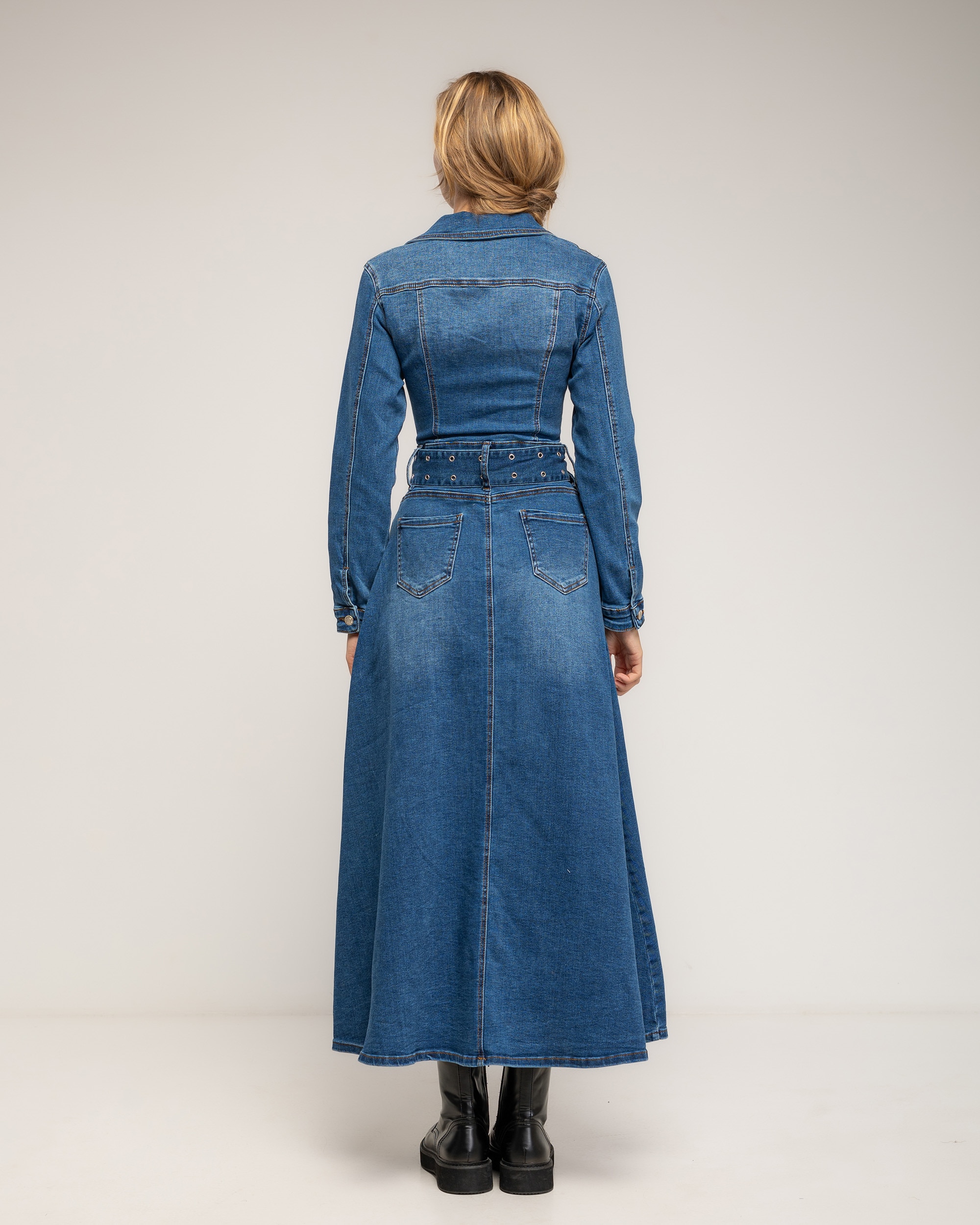 Vestido denim midi corte tipo a, con bolsillos, y cinturón - Tantra - Azul denim Azul denim-3