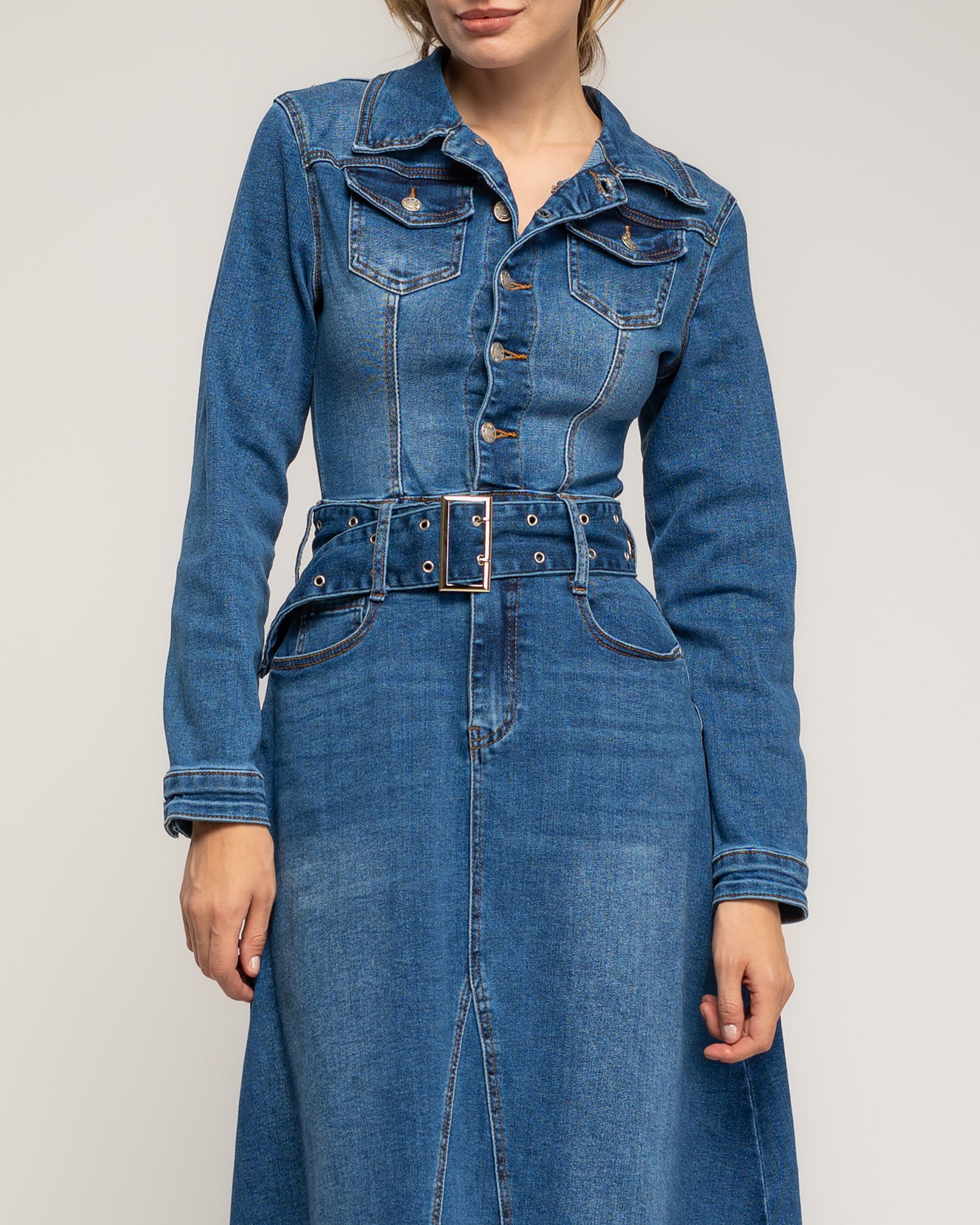 Vestido denim midi corte tipo a, con bolsillos, y cinturón - Tantra - Azul denim Azul denim-4