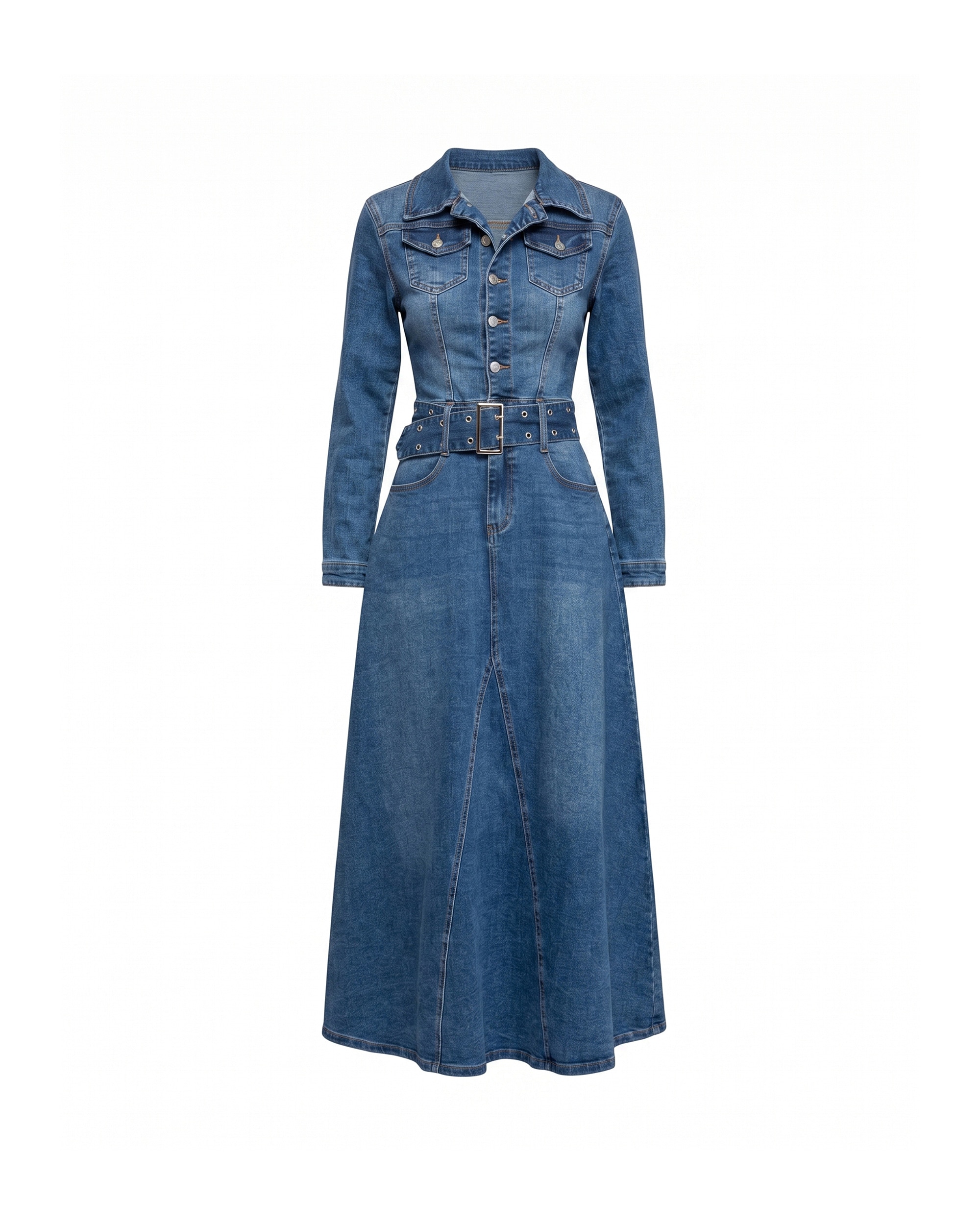 Vestido denim midi corte tipo a, con bolsillos, y cinturón - Tantra - Azul denim Azul denim-5