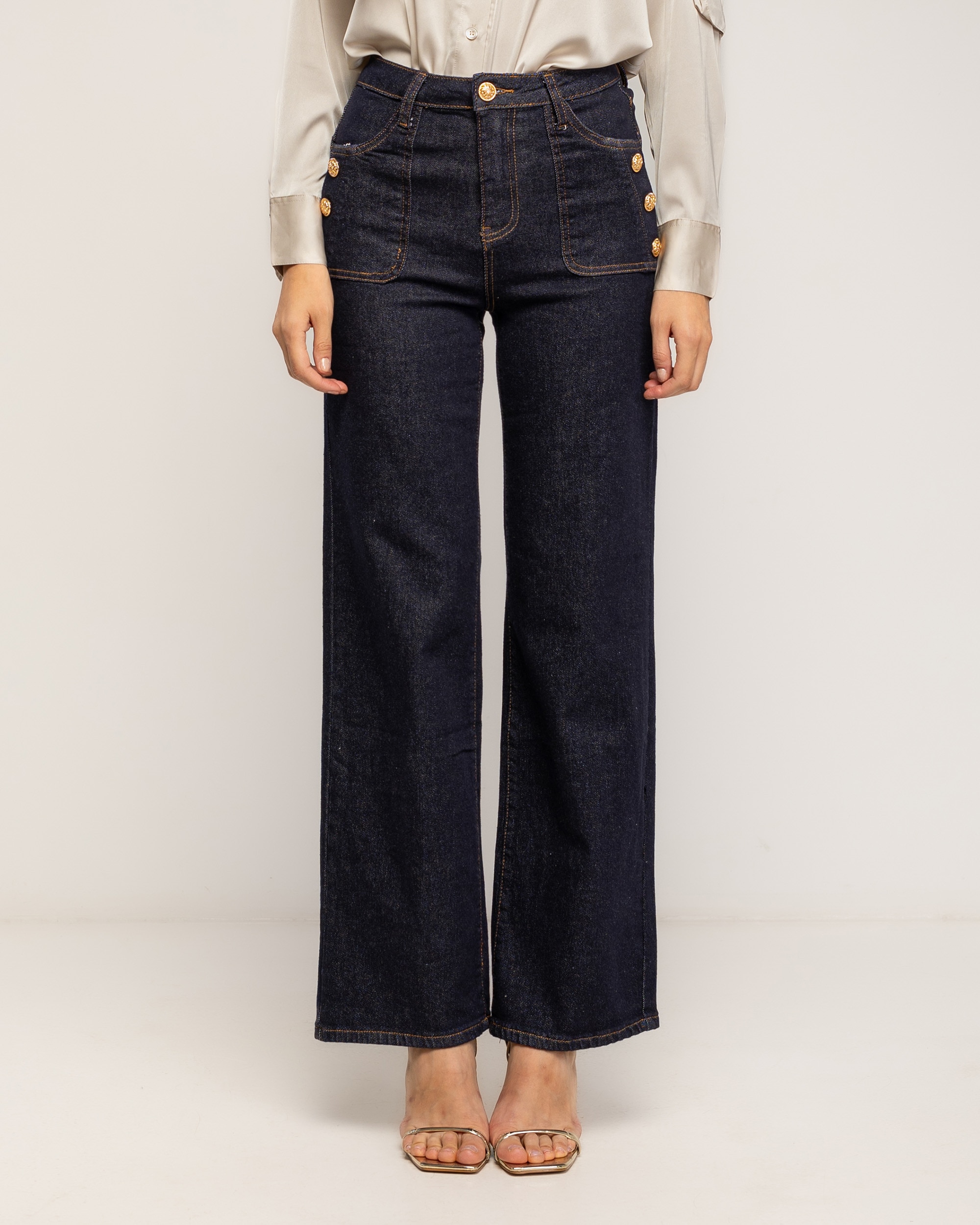 Jeans rectos de mujer de tiro alto con bolsillos frontales y detalle de botones dorados - Tantra - Azul denim Azul denim-2