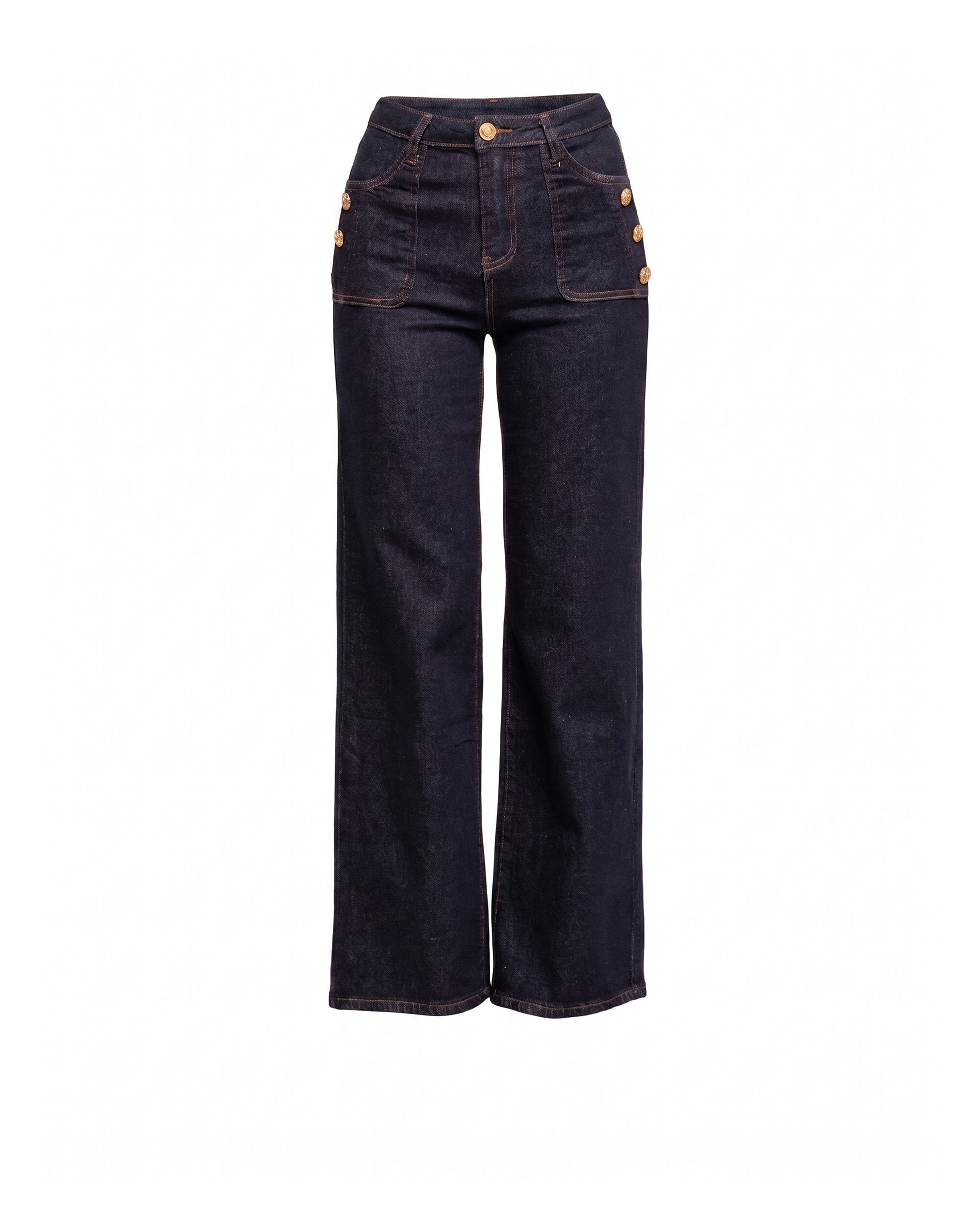 Jeans rectos de mujer de tiro alto con bolsillos frontales y detalle de botones dorados - Tantra - Azul denim Azul denim-5