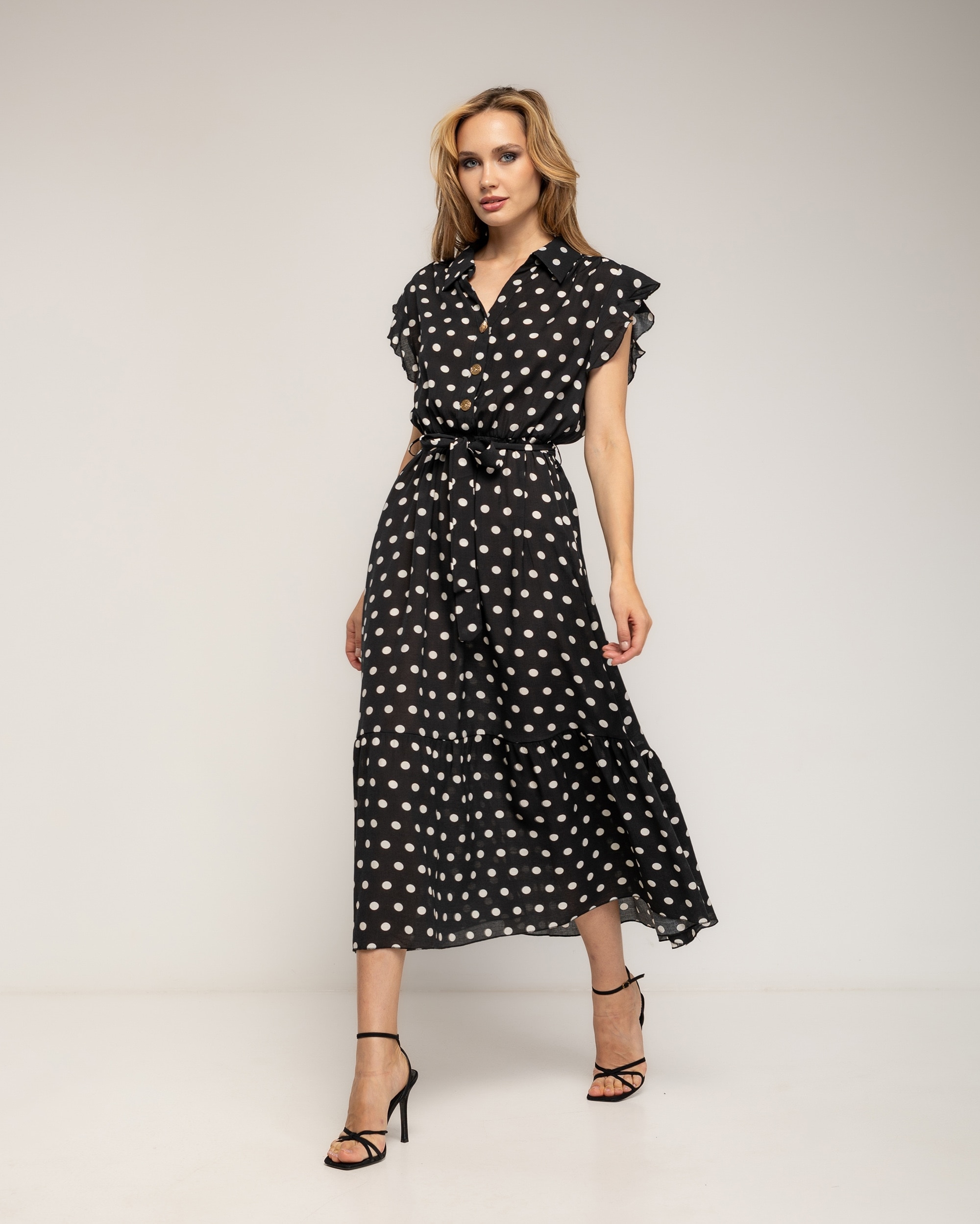 Vestido midi de lunares con volantes en la mangas - Tantra - Negro Negro-1