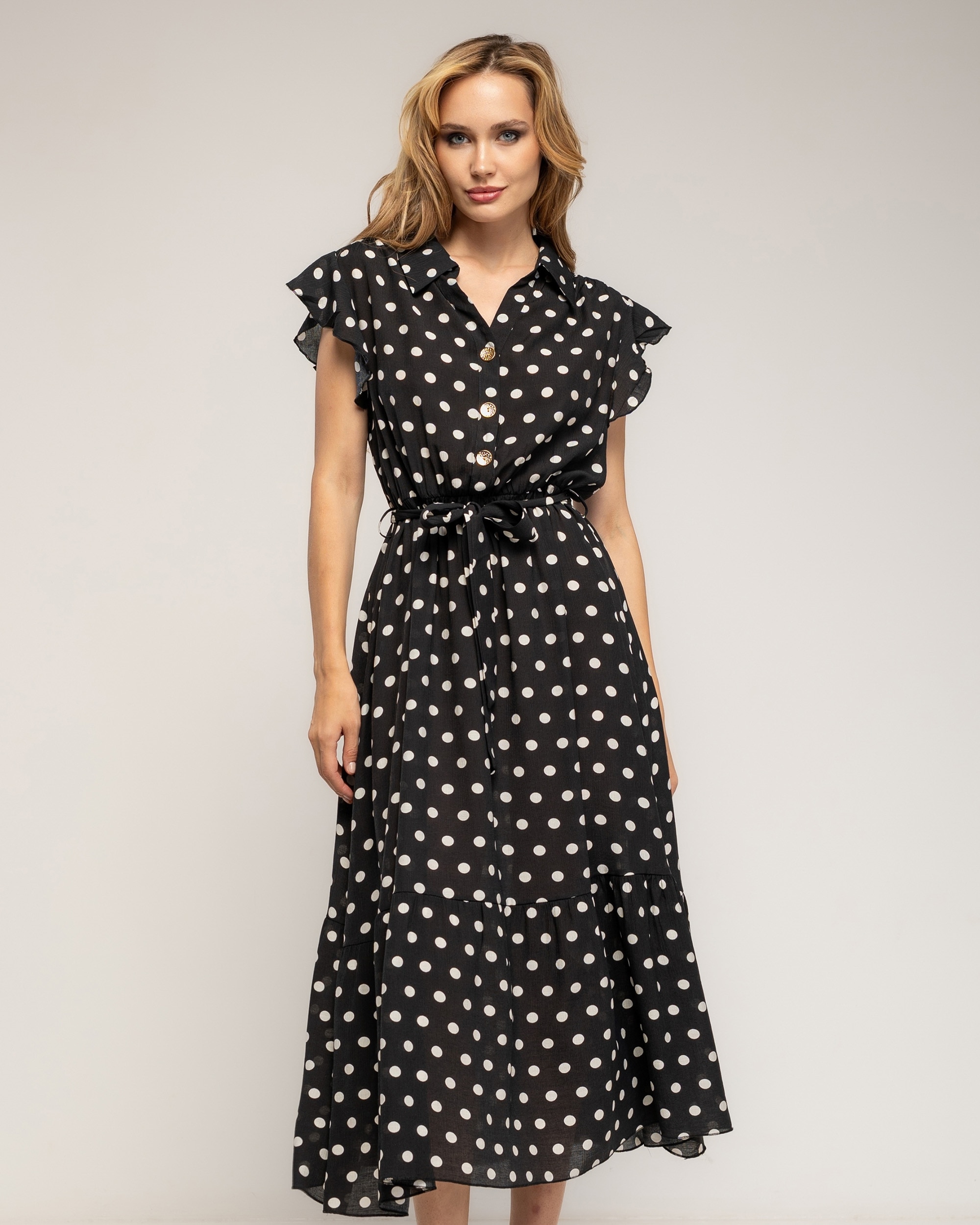 Vestido midi de lunares con volantes en la mangas - Tantra - Negro Negro-2