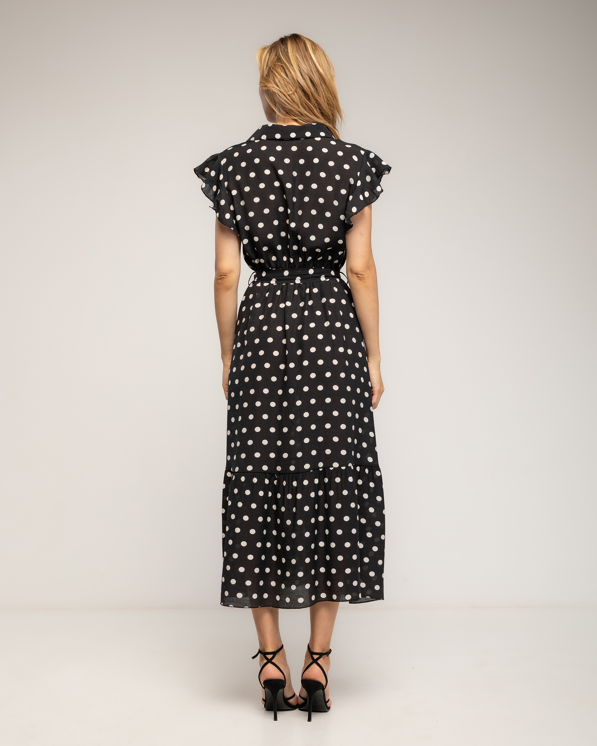 Vestido midi de lunares con volantes en la mangas - Tantra - Negro Negro-3