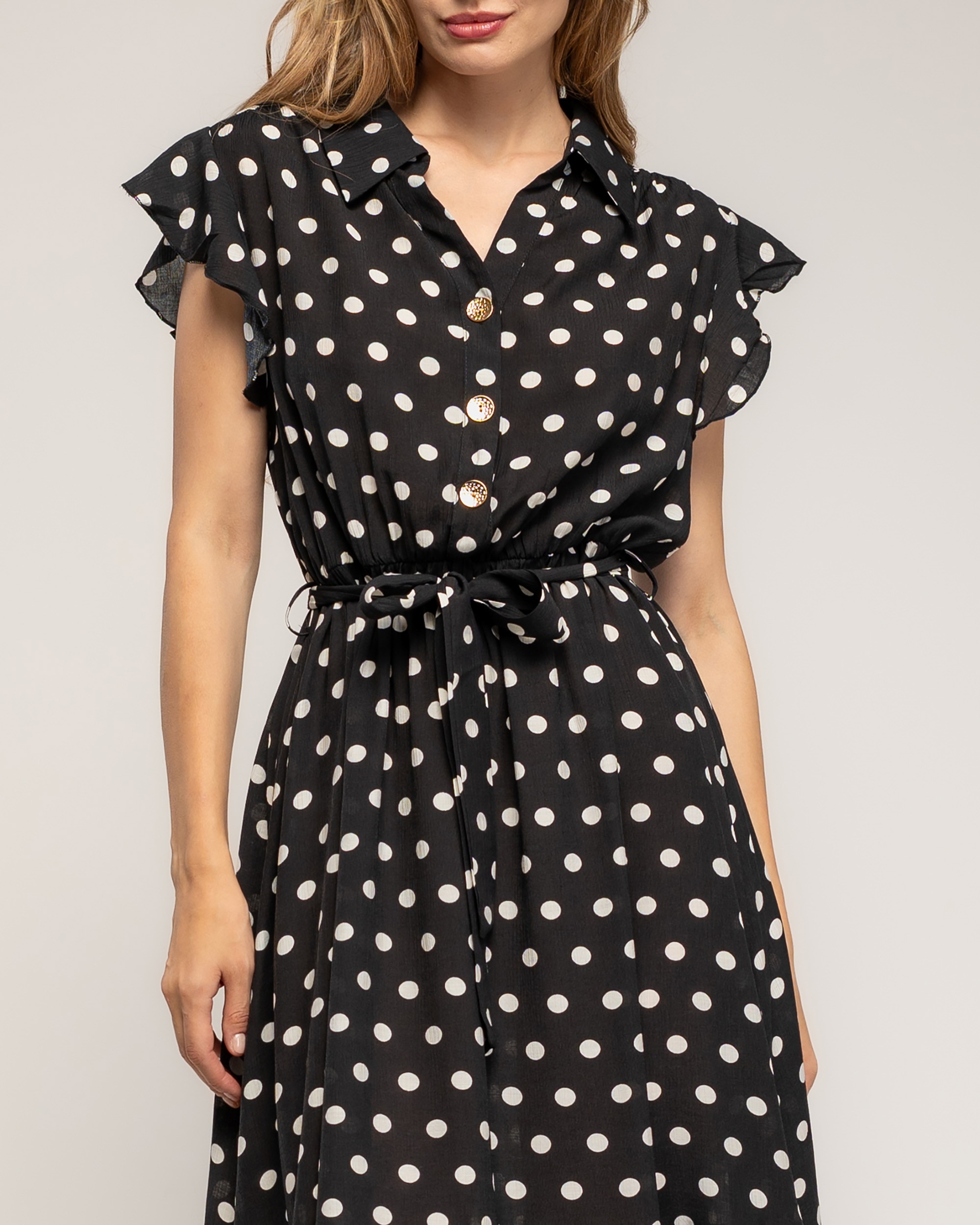 Vestido midi de lunares con volantes en la mangas - Tantra - Negro Negro-4