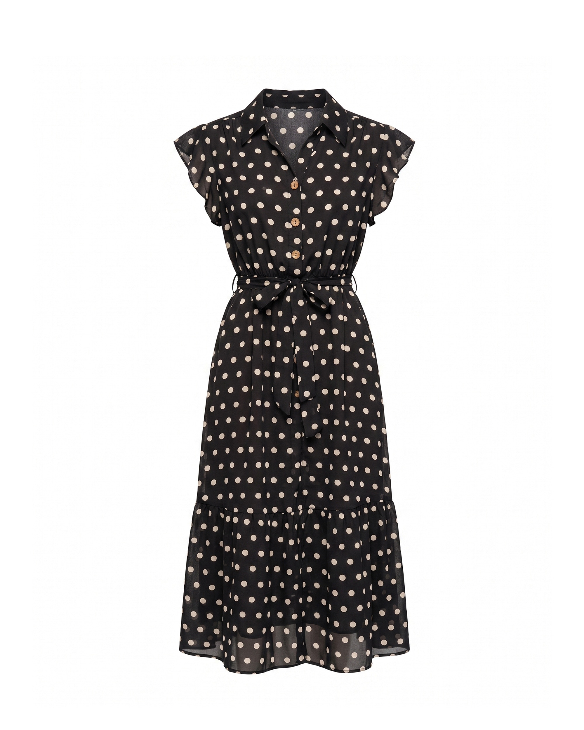 Vestido midi de lunares con volantes en la mangas - Tantra - Negro Negro-5