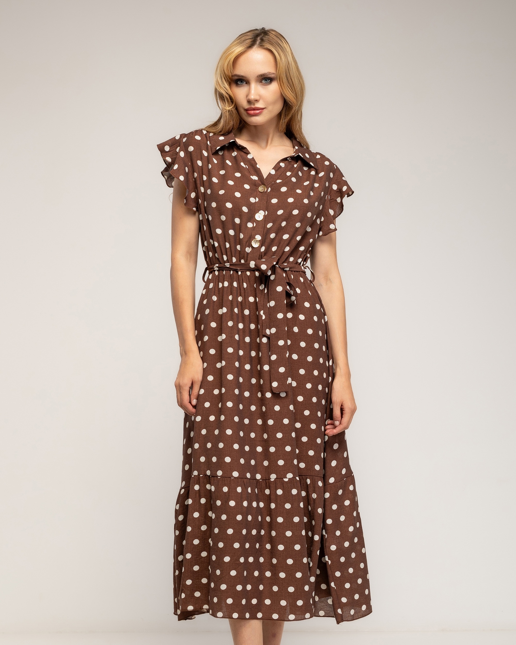 Vestido midi de lunares con volantes en la mangas - Tantra - Marrón Marrón-2