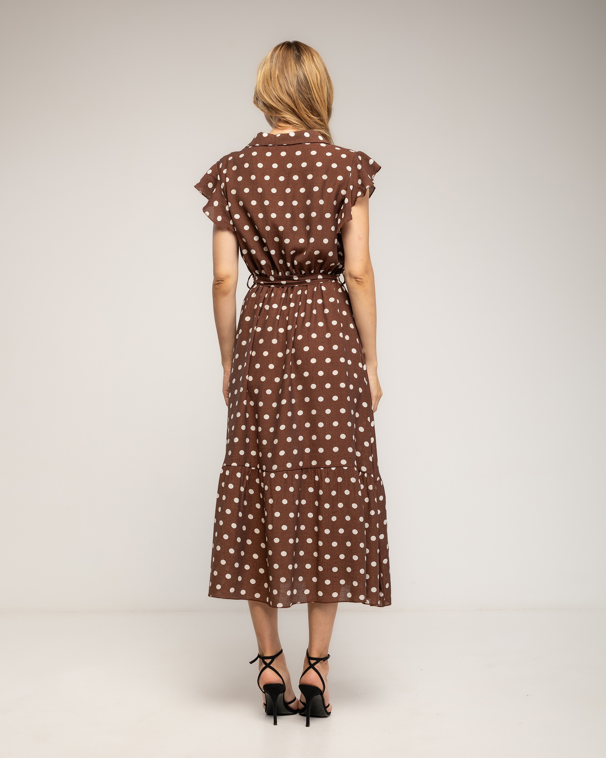 Vestido midi de lunares con volantes en la mangas - Tantra - Marrón Marrón-3
