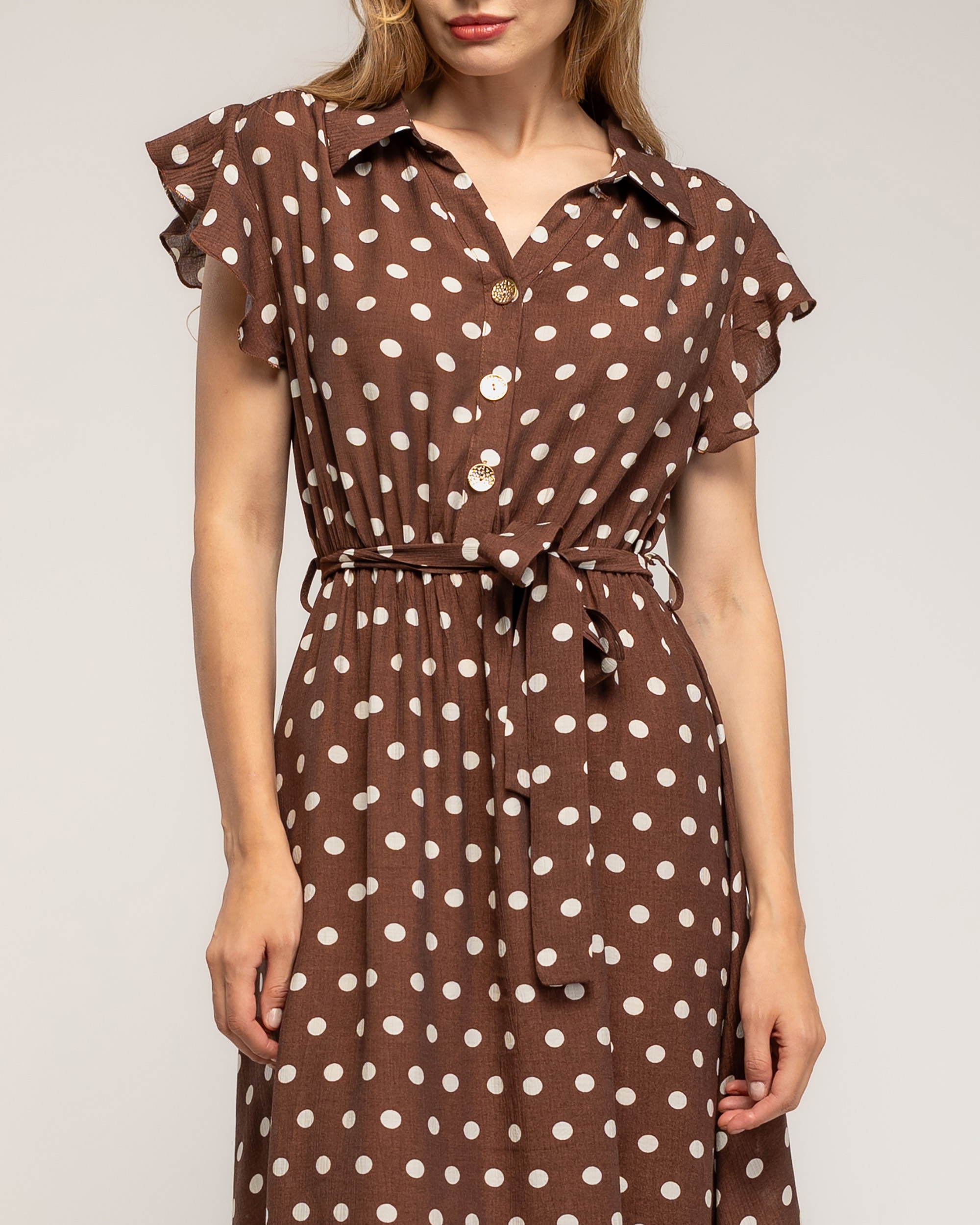 Vestido midi de lunares con volantes en la mangas - Tantra - Marrón Marrón-4