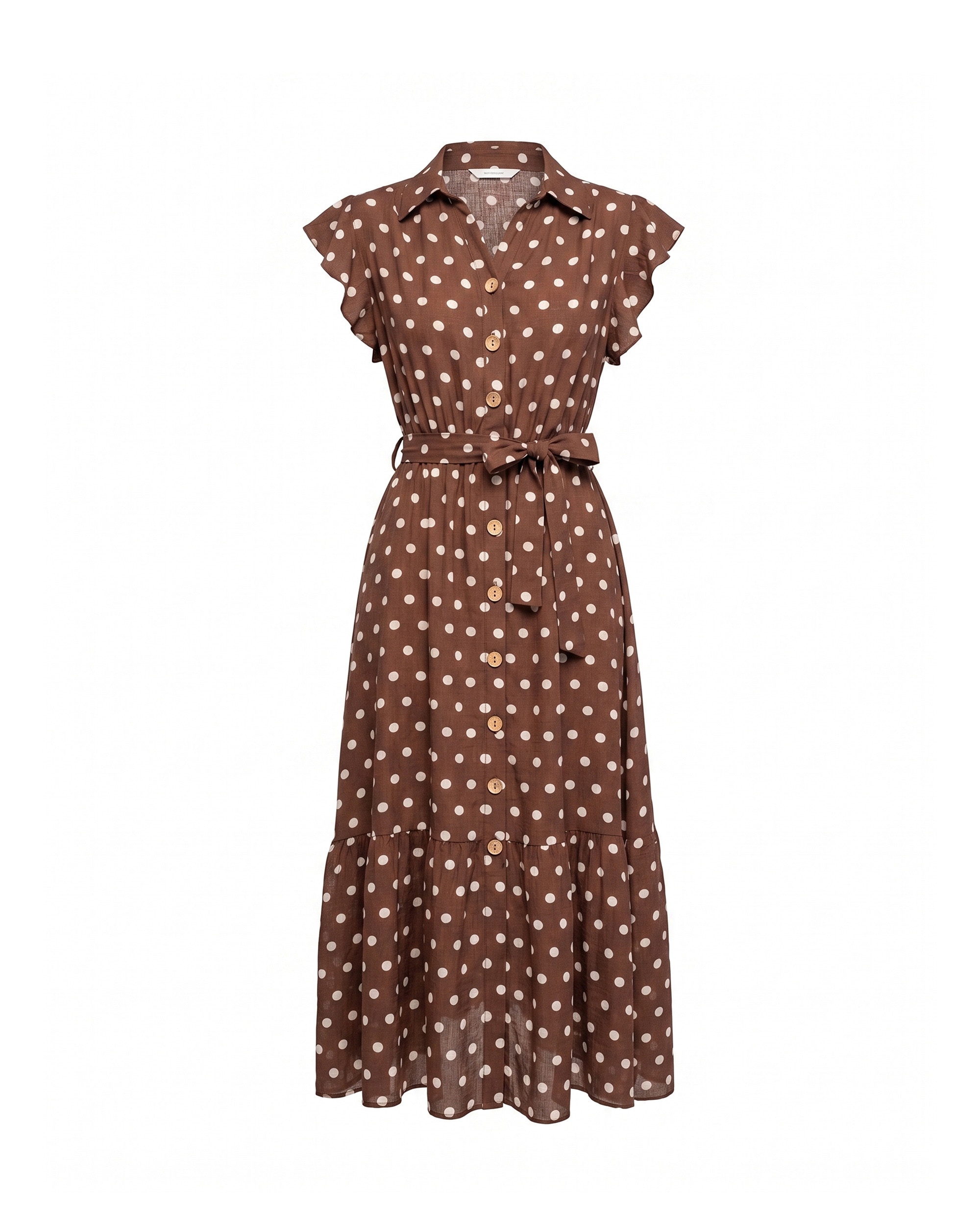 Vestido midi de lunares con volantes en la mangas - Tantra - Marrón Marrón-5