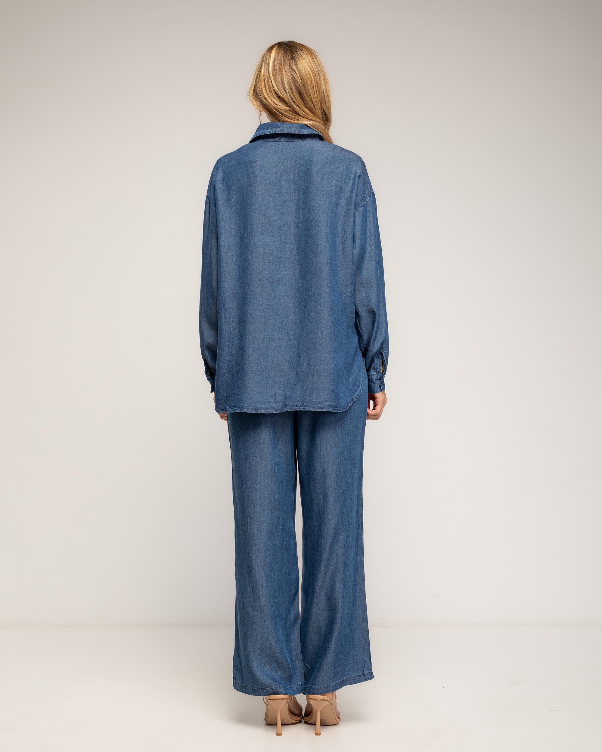 Set de mujer 100% tencel pantalón de tencel con cintura elástica en la parte de atrás y camisa con bolsillo - Tantra - Azul oscuro Azul oscuro-2