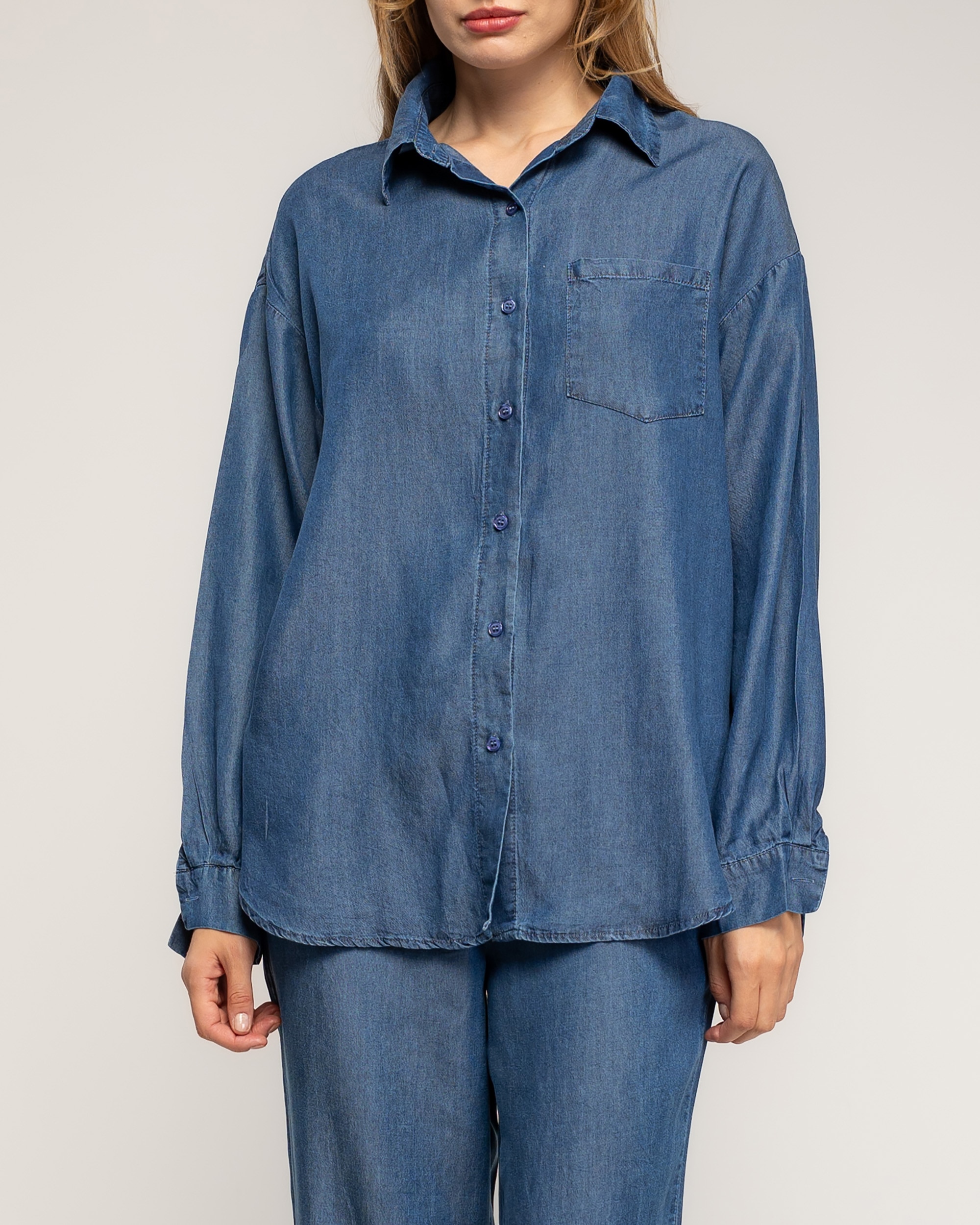 Set de mujer 100% tencel pantalón de tencel con cintura elástica en la parte de atrás y camisa con bolsillo - Tantra - Azul oscuro Azul oscuro-3