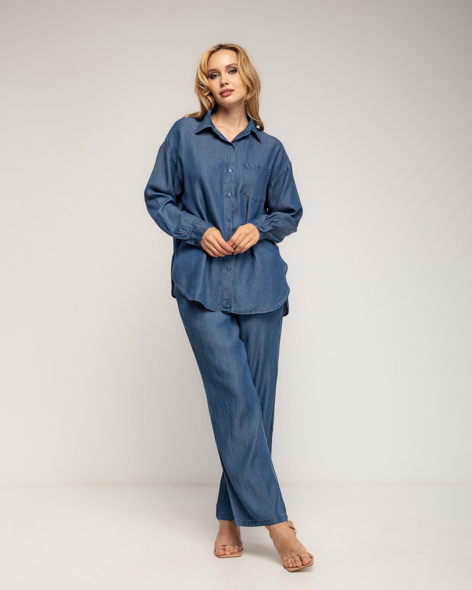 Set de mujer 100% tencel pantalón de tencel con cintura elástica en la parte de atrás y camisa con bolsillo - Tantra - Azul oscuro Azul oscuro-4