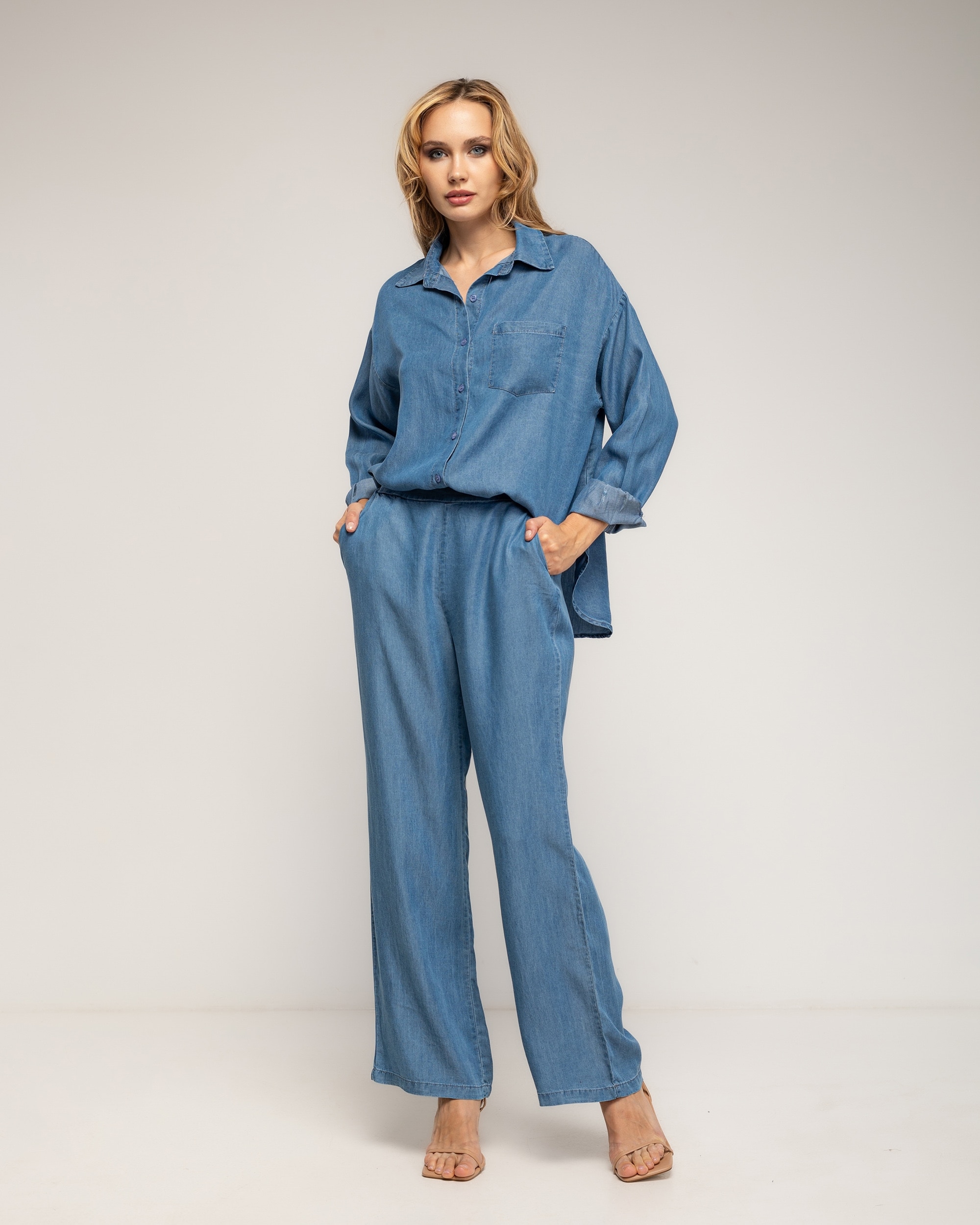 Set de mujer 100% tencel pantalón de tencel con cintura elástica en la parte de atrás y camisa con bolsillo - Tantra - Azul denim Azul denim-1