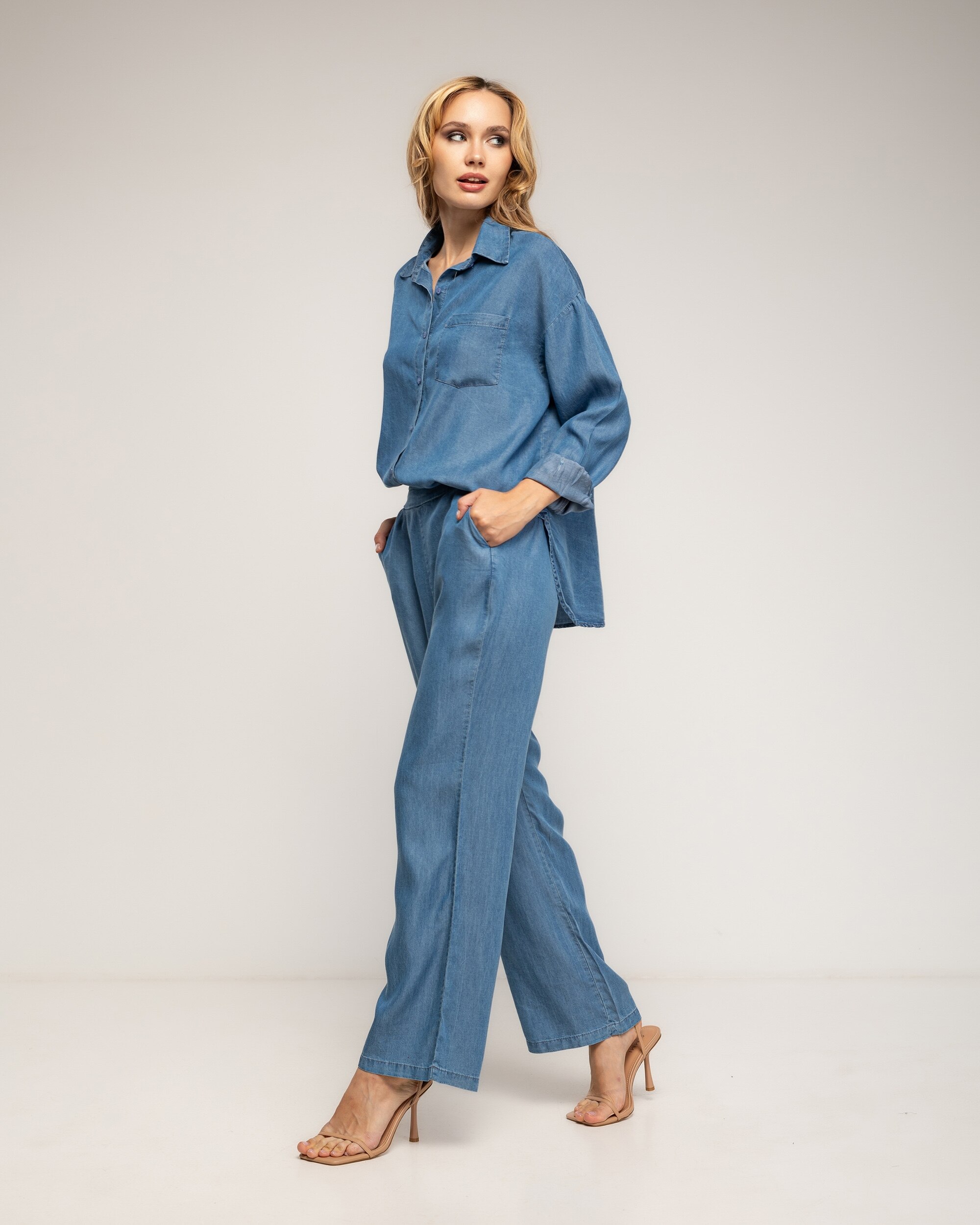 Set de mujer 100% tencel pantalón de tencel con cintura elástica en la parte de atrás y camisa con bolsillo - Tantra - Azul denim Azul denim-2