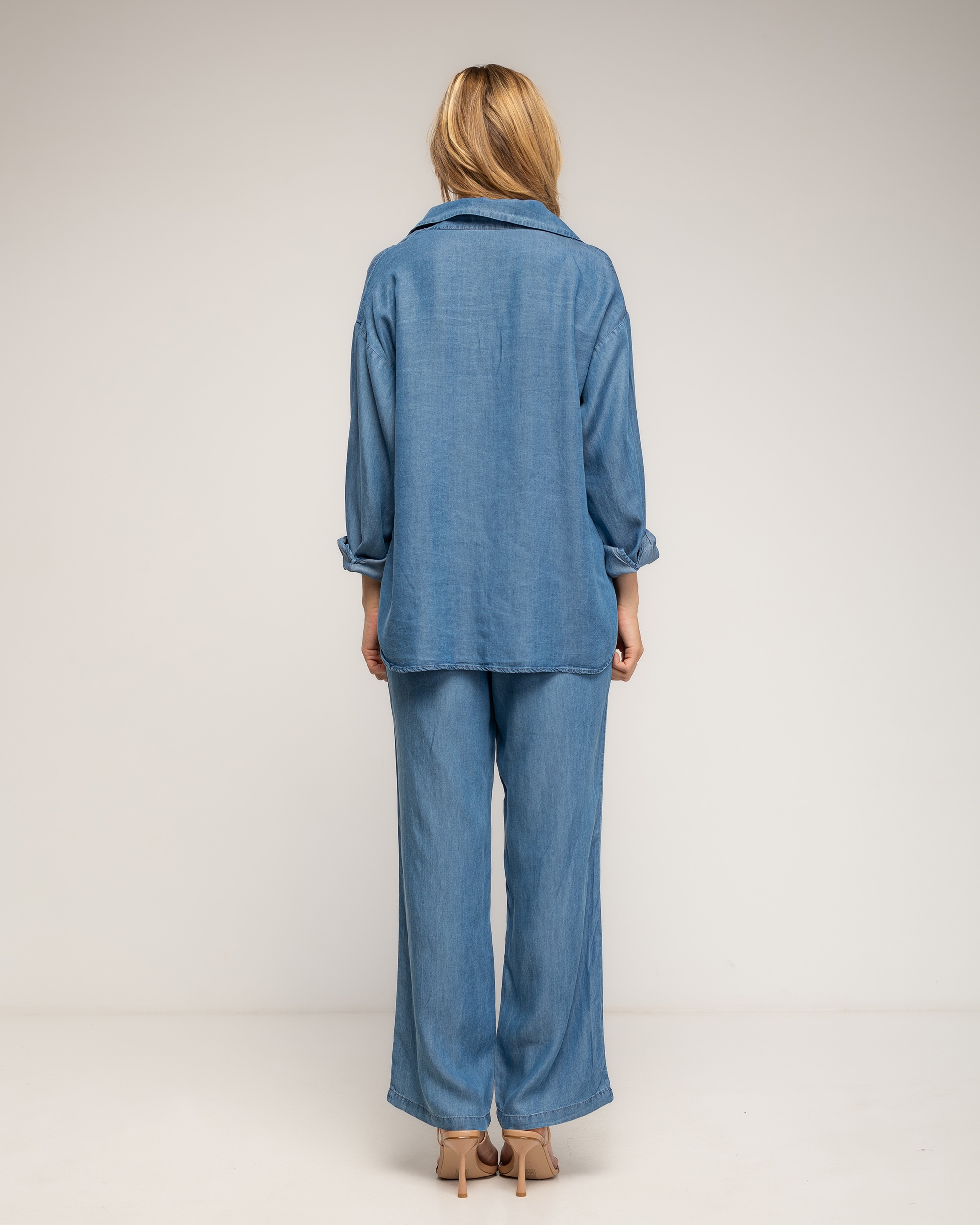 Set de mujer 100% tencel pantalón de tencel con cintura elástica en la parte de atrás y camisa con bolsillo - Tantra - Azul denim Azul denim-3