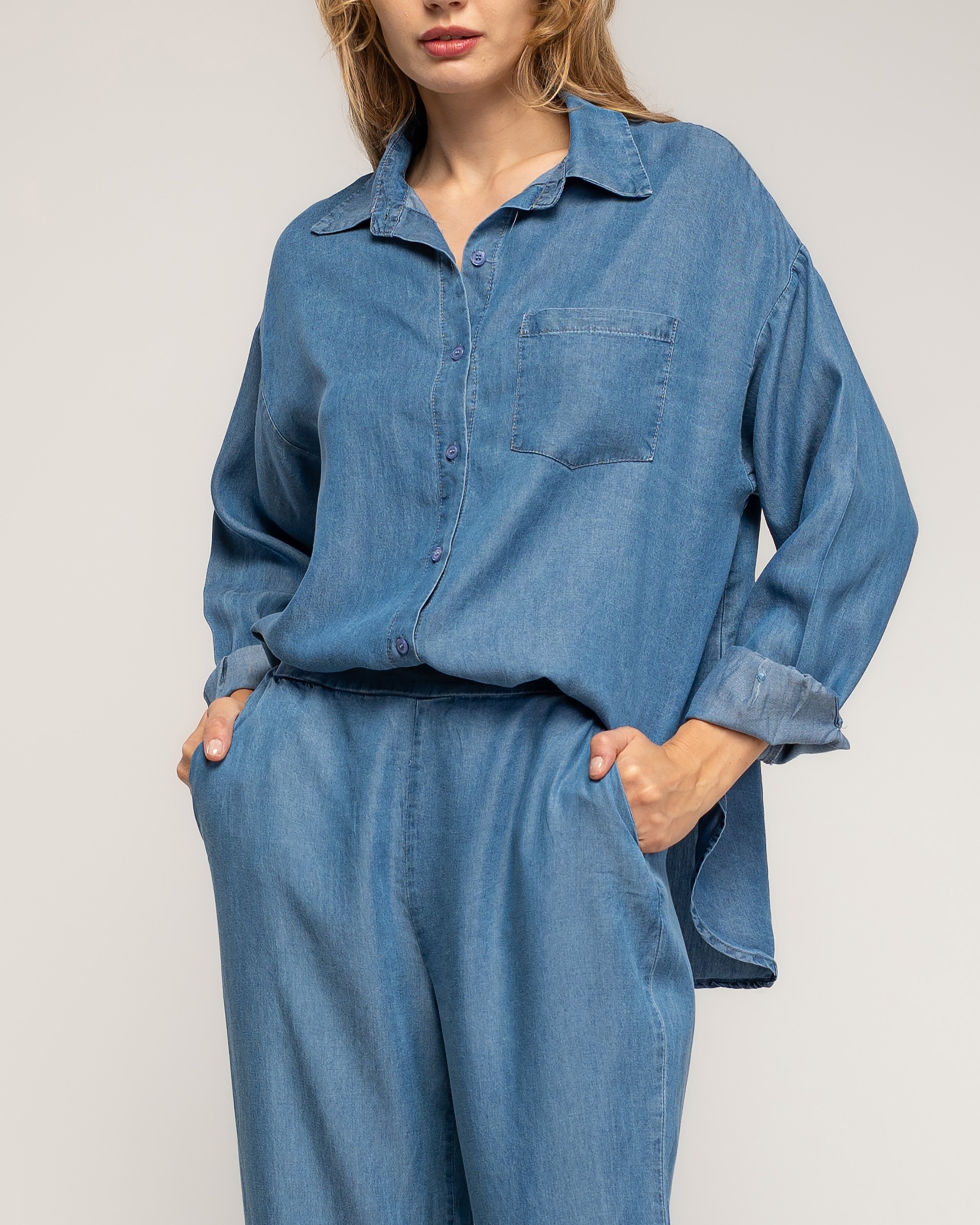 Set de mujer 100% tencel pantalón de tencel con cintura elástica en la parte de atrás y camisa con bolsillo - Tantra - Azul denim Azul denim-4