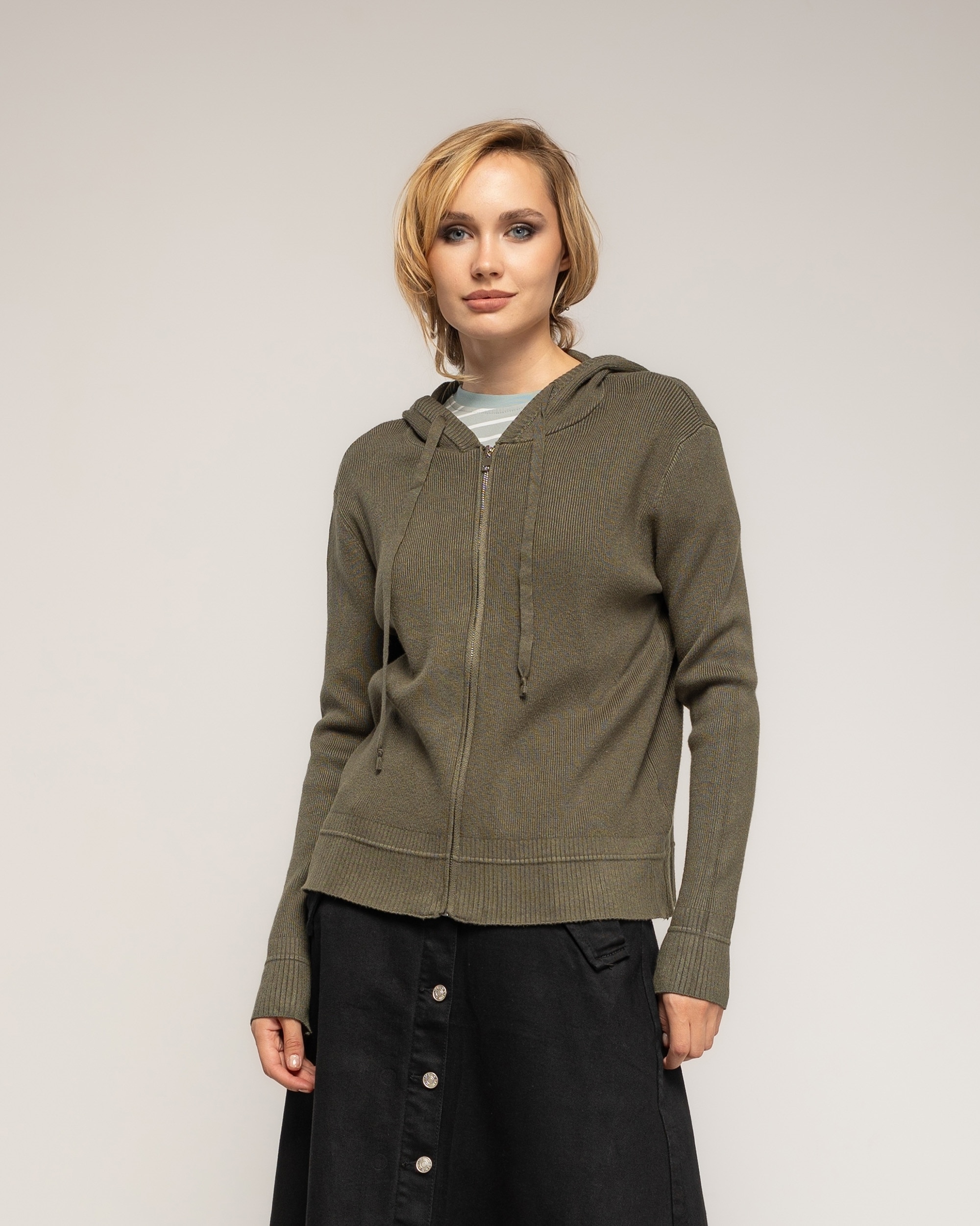 Chaqueta de mujer punto acanalado con capucha - Tantra - Verde militar Verde militar-1