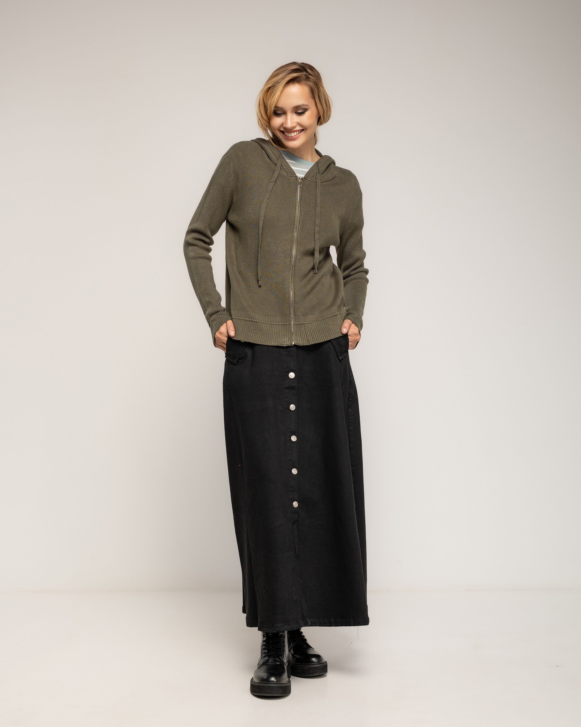 Chaqueta de mujer punto acanalado con capucha - Tantra - Verde militar Verde militar-4