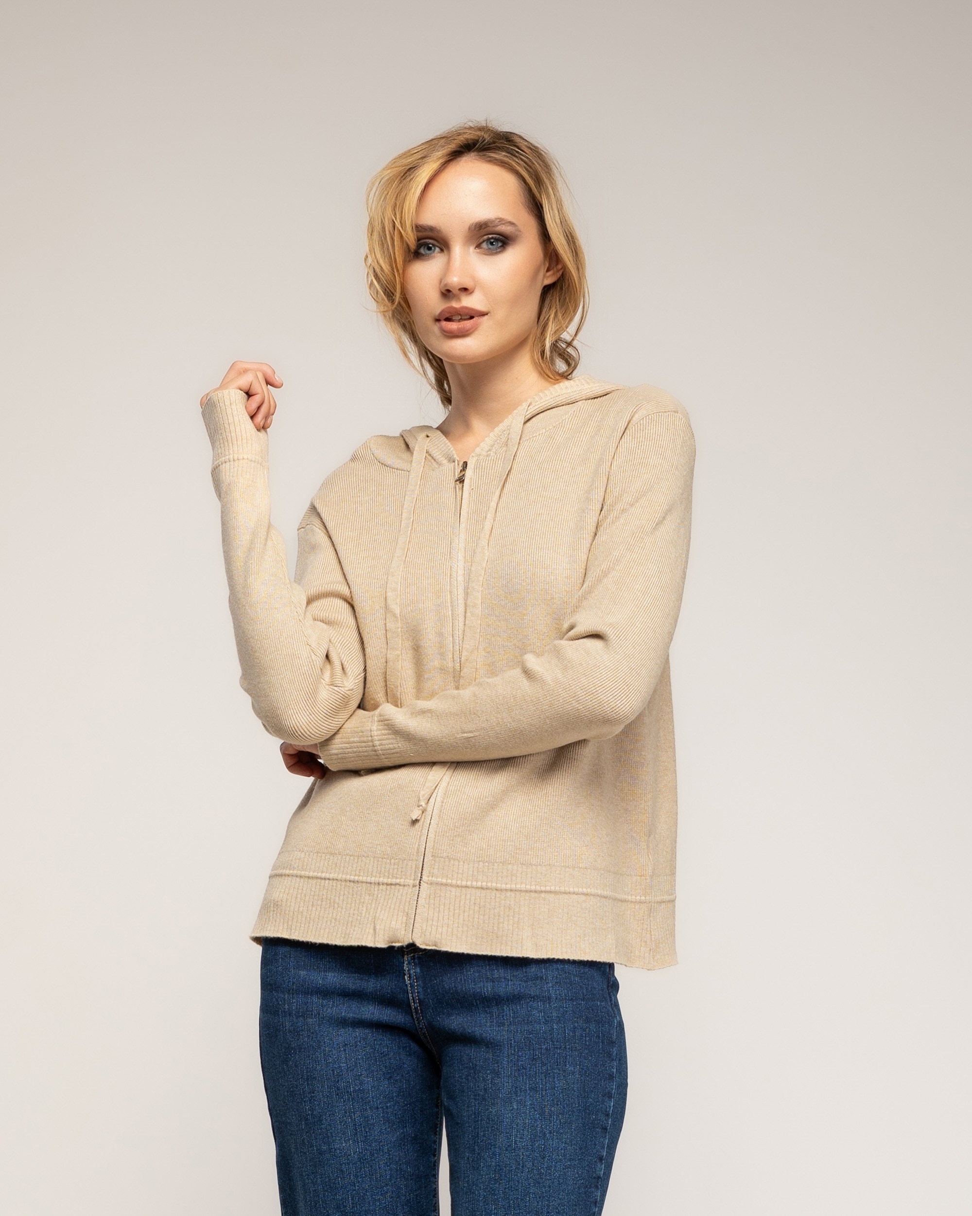 Chaqueta de mujer punto acanalado con capucha - Tantra - Beige Beige-1