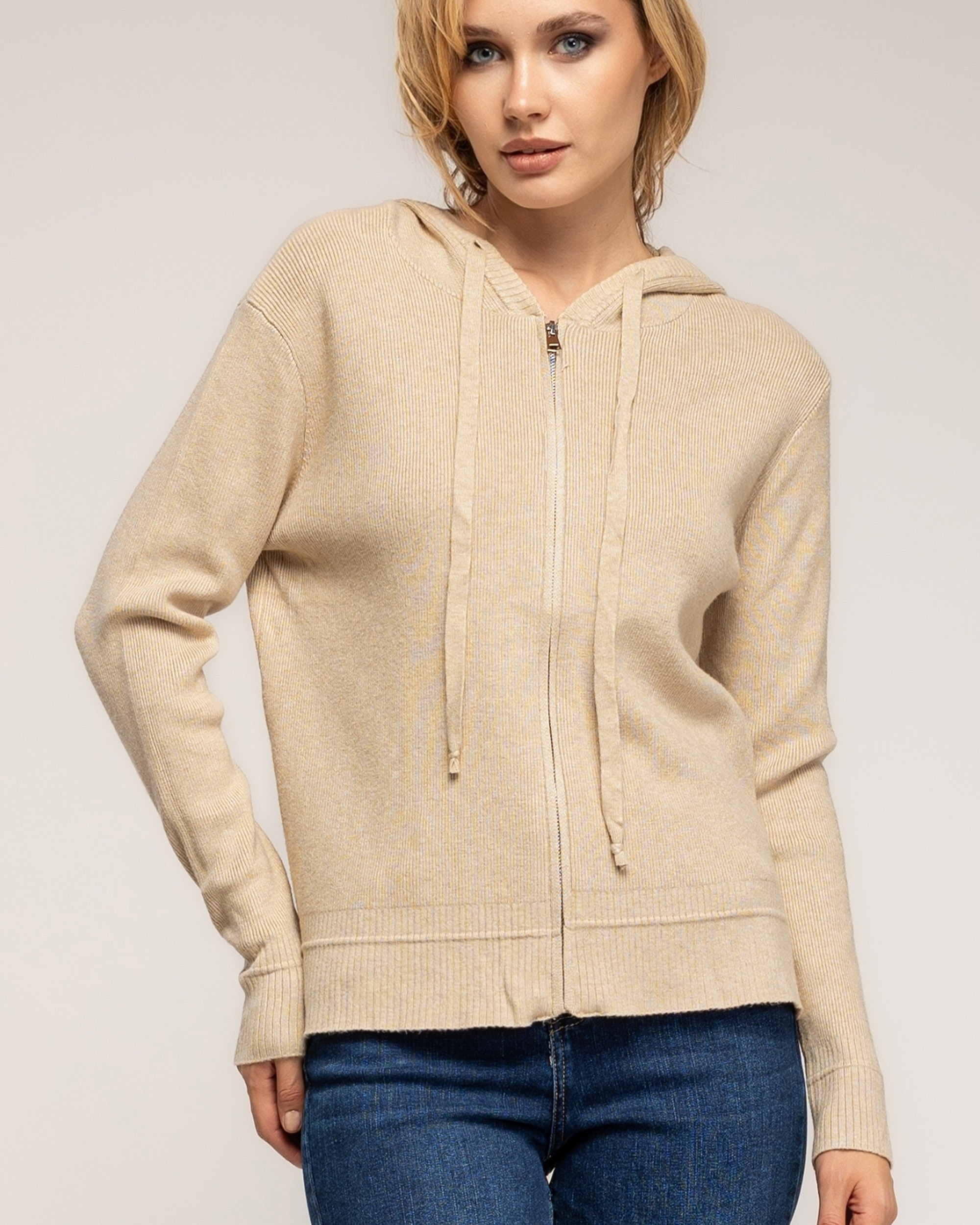 Chaqueta de mujer punto acanalado con capucha - Tantra - Beige Beige-3