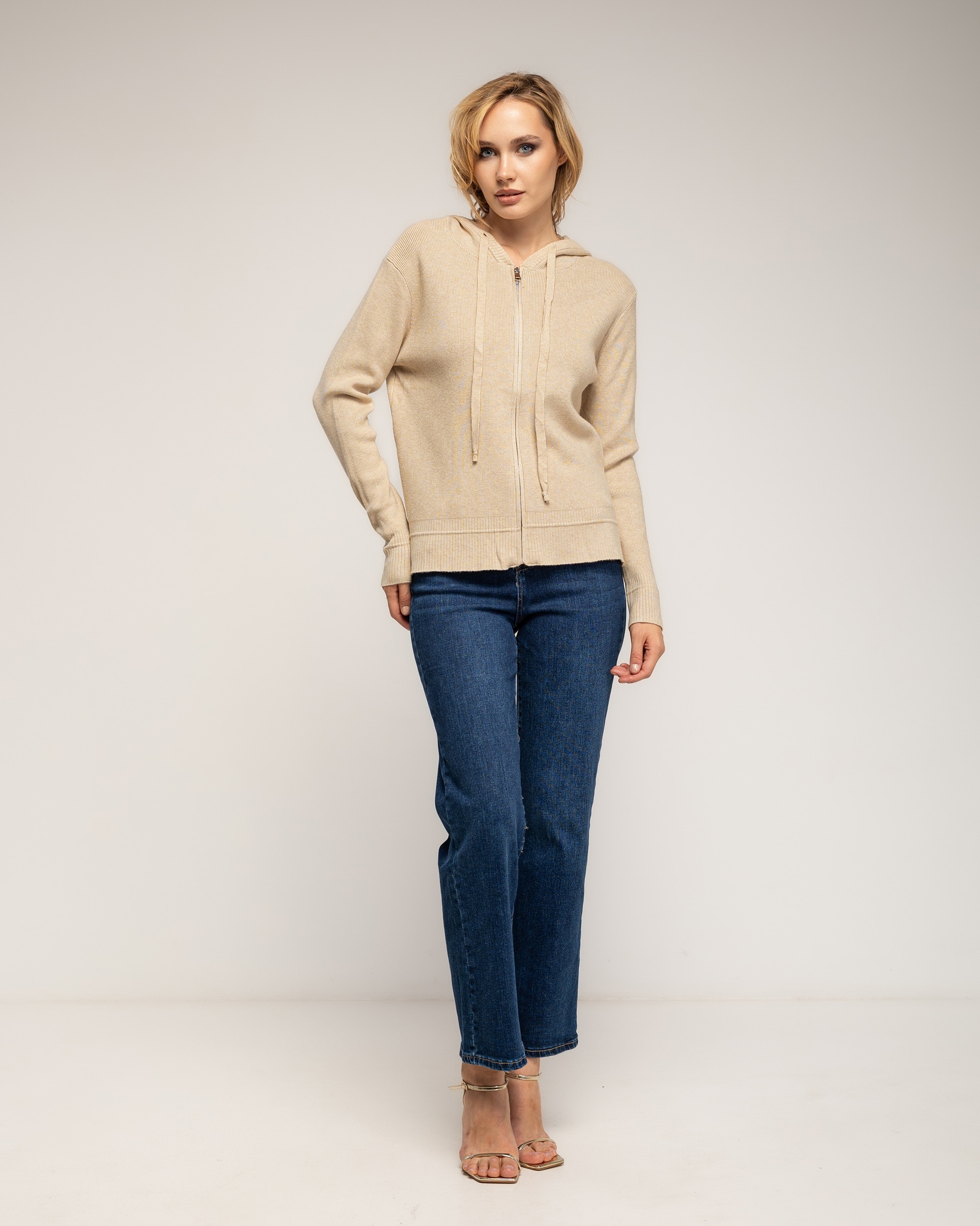 Chaqueta de mujer punto acanalado con capucha - Tantra - Beige Beige-4