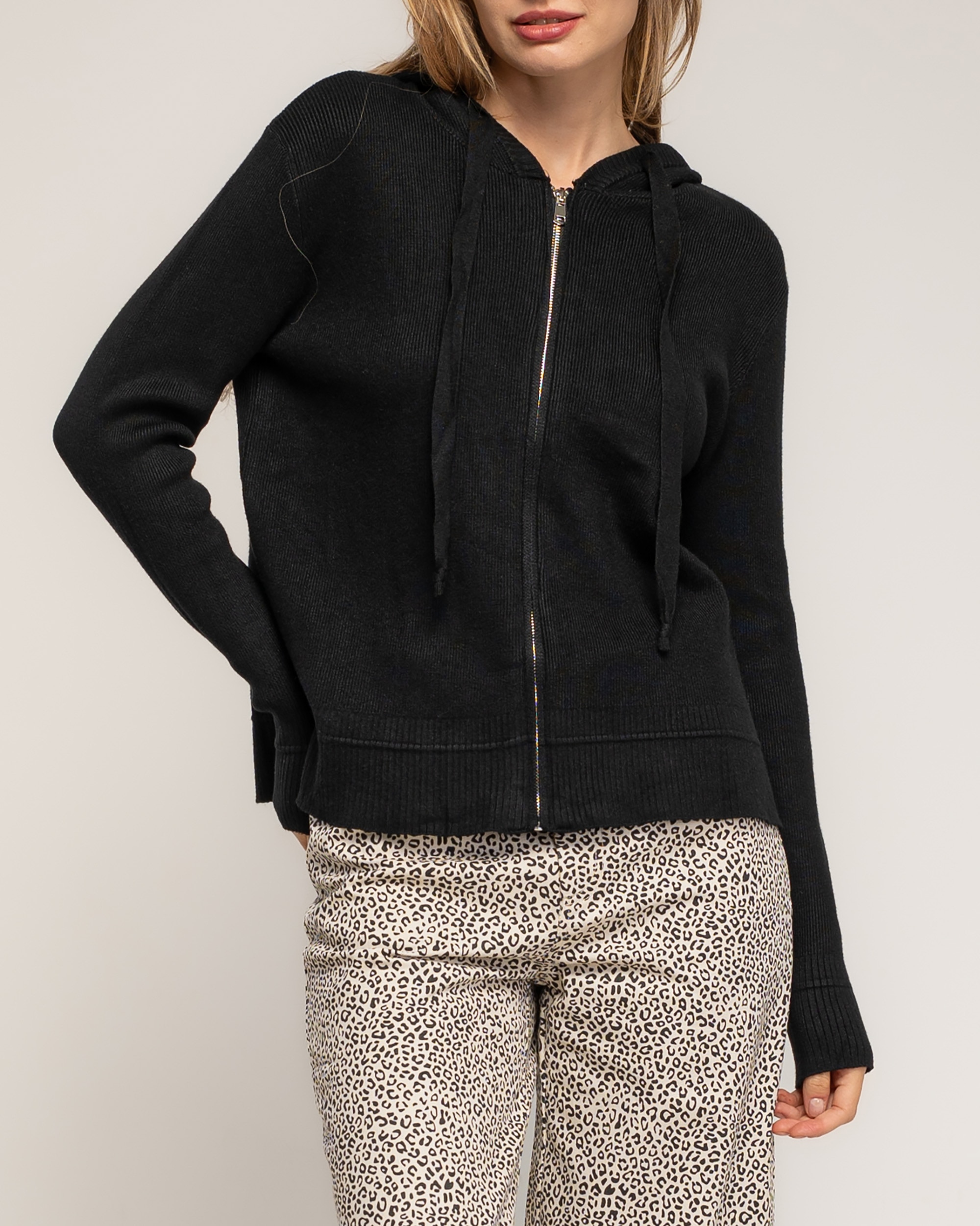 Chaqueta de mujer punto acanalado con capucha - Tantra - Negro Negro-3