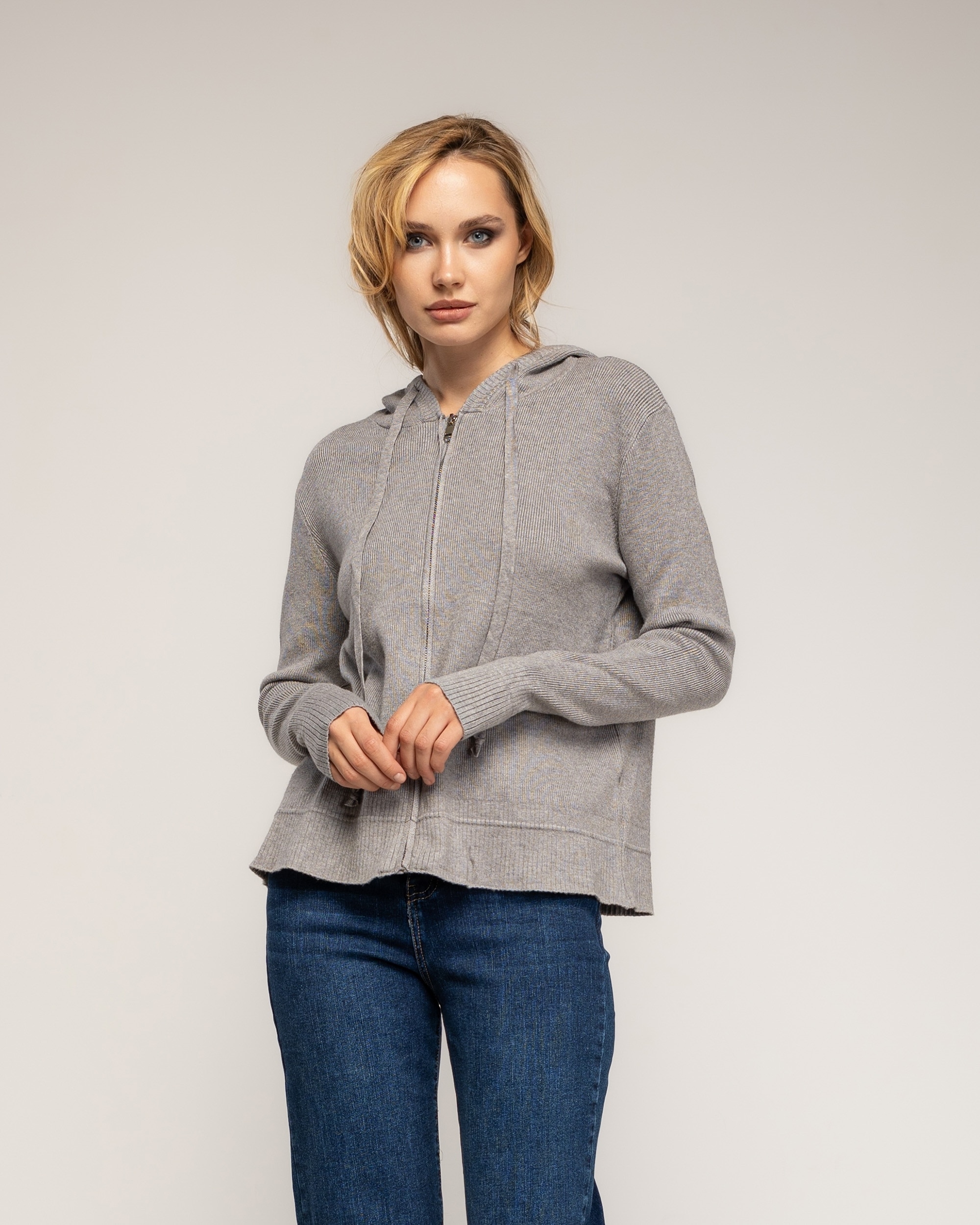 Chaqueta de mujer punto acanalado con capucha - Tantra - Gris Gris-1