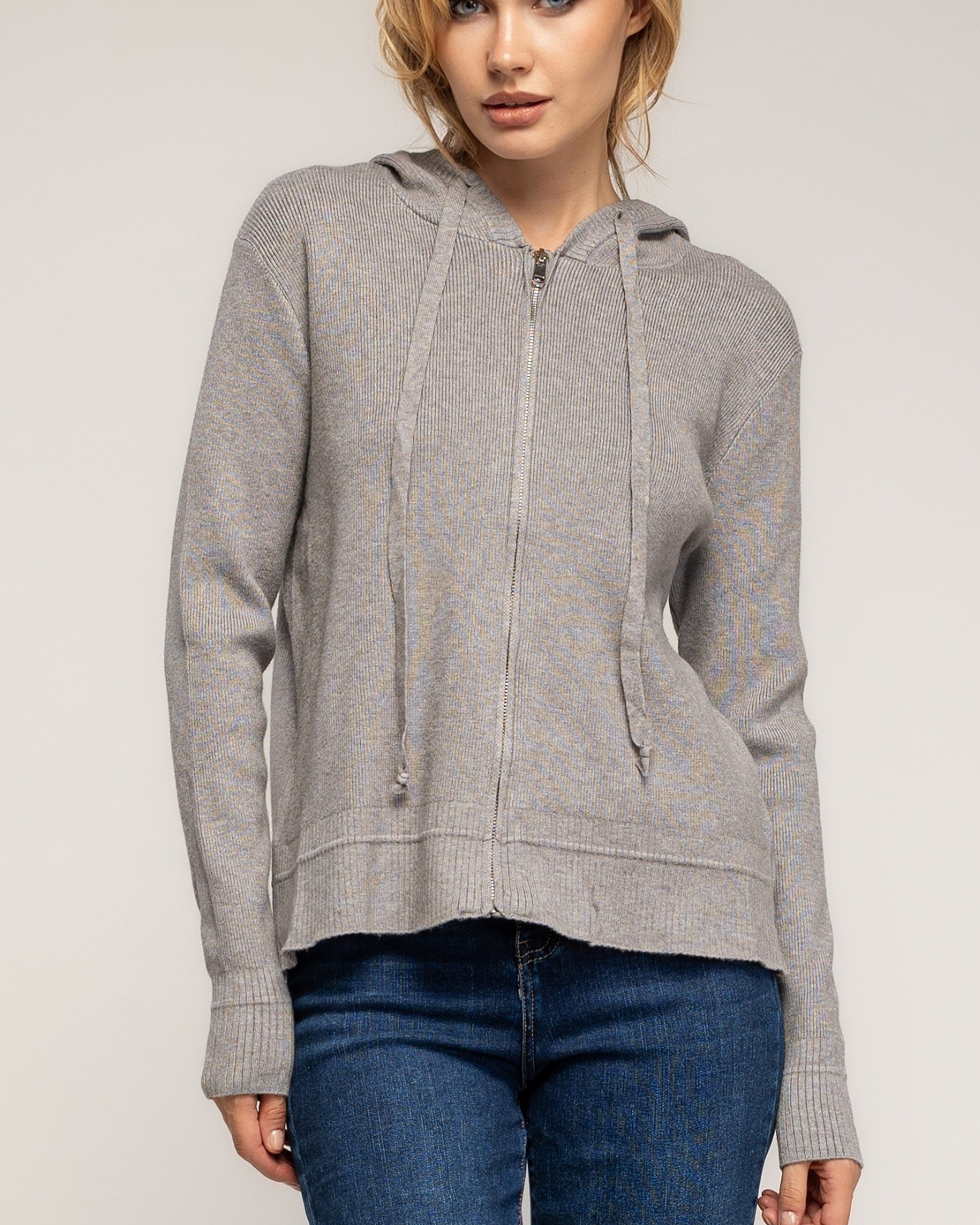 Chaqueta de mujer punto acanalado con capucha - Tantra - Gris Gris-3