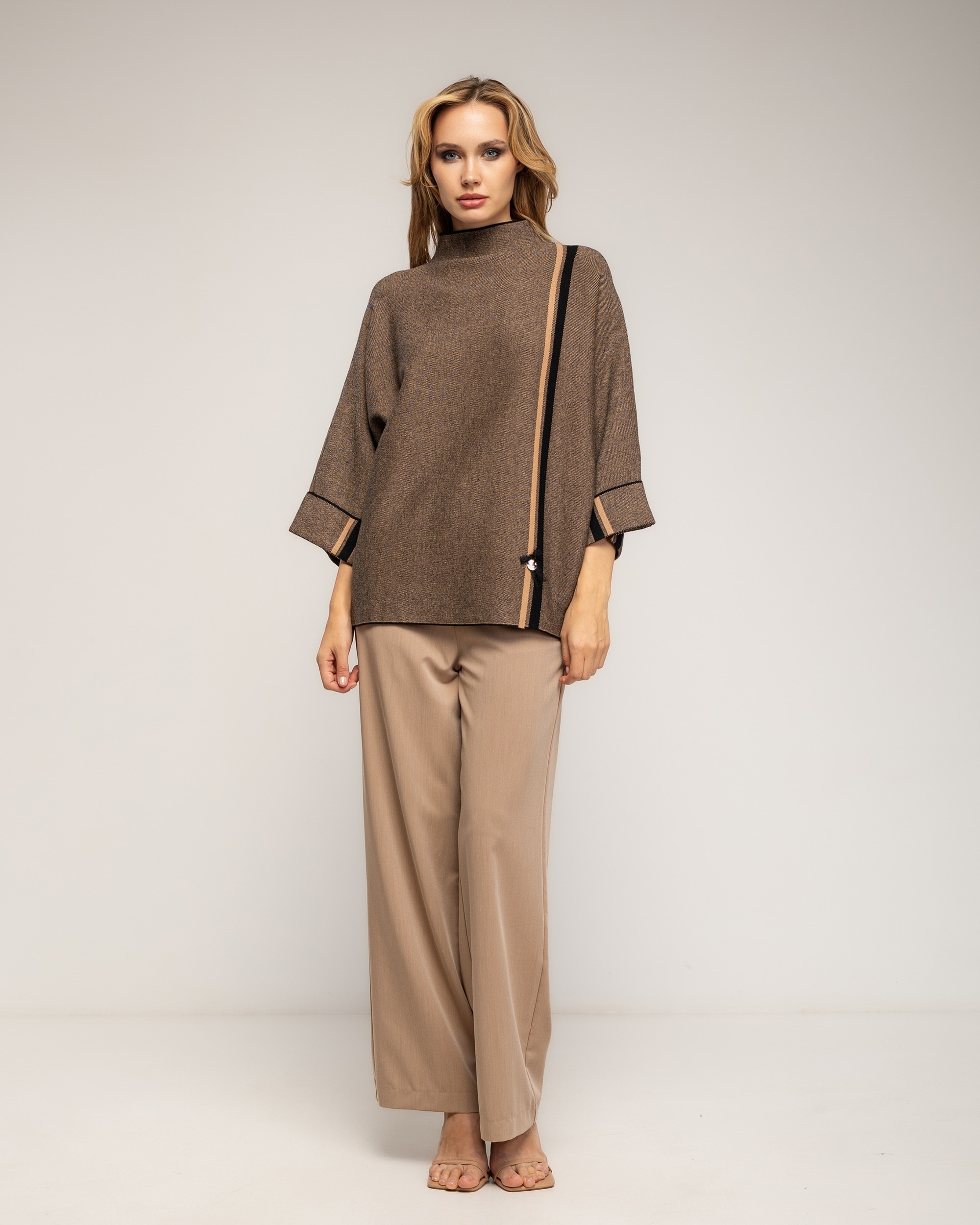Jersey de mujer de punto jaspeado y raya lateral - Tantra - Marrón Marrón-4
