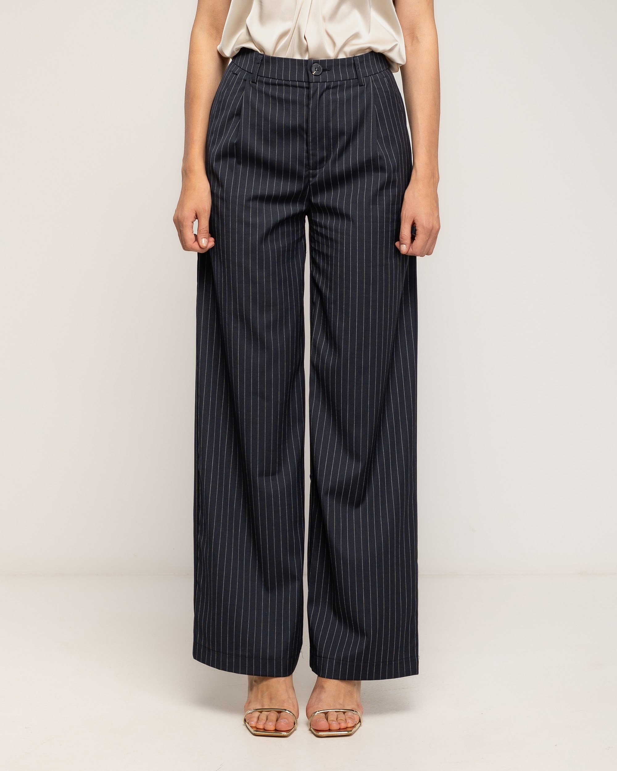Pantalón de mujer de vestir con lino con raya diplomatica - Tantra - Azul marino Azul marino-2