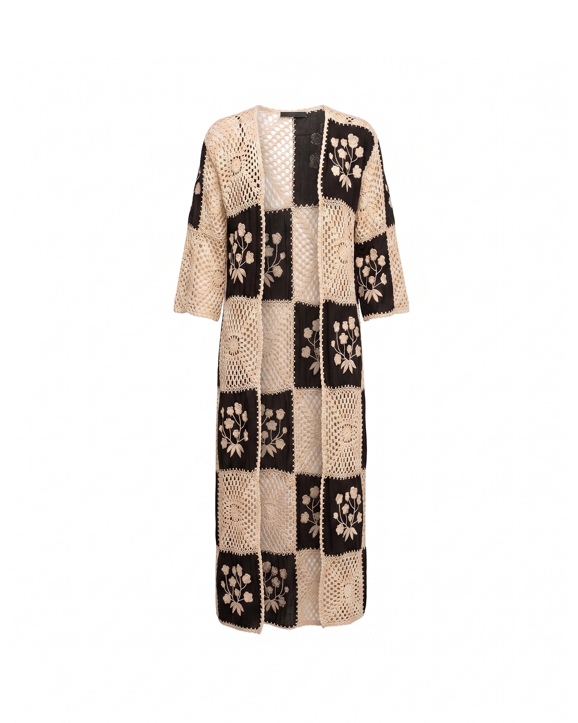 Chaqueta de mujer larga de crochet bicolor con bordados - Tantra - Negro Negro-5