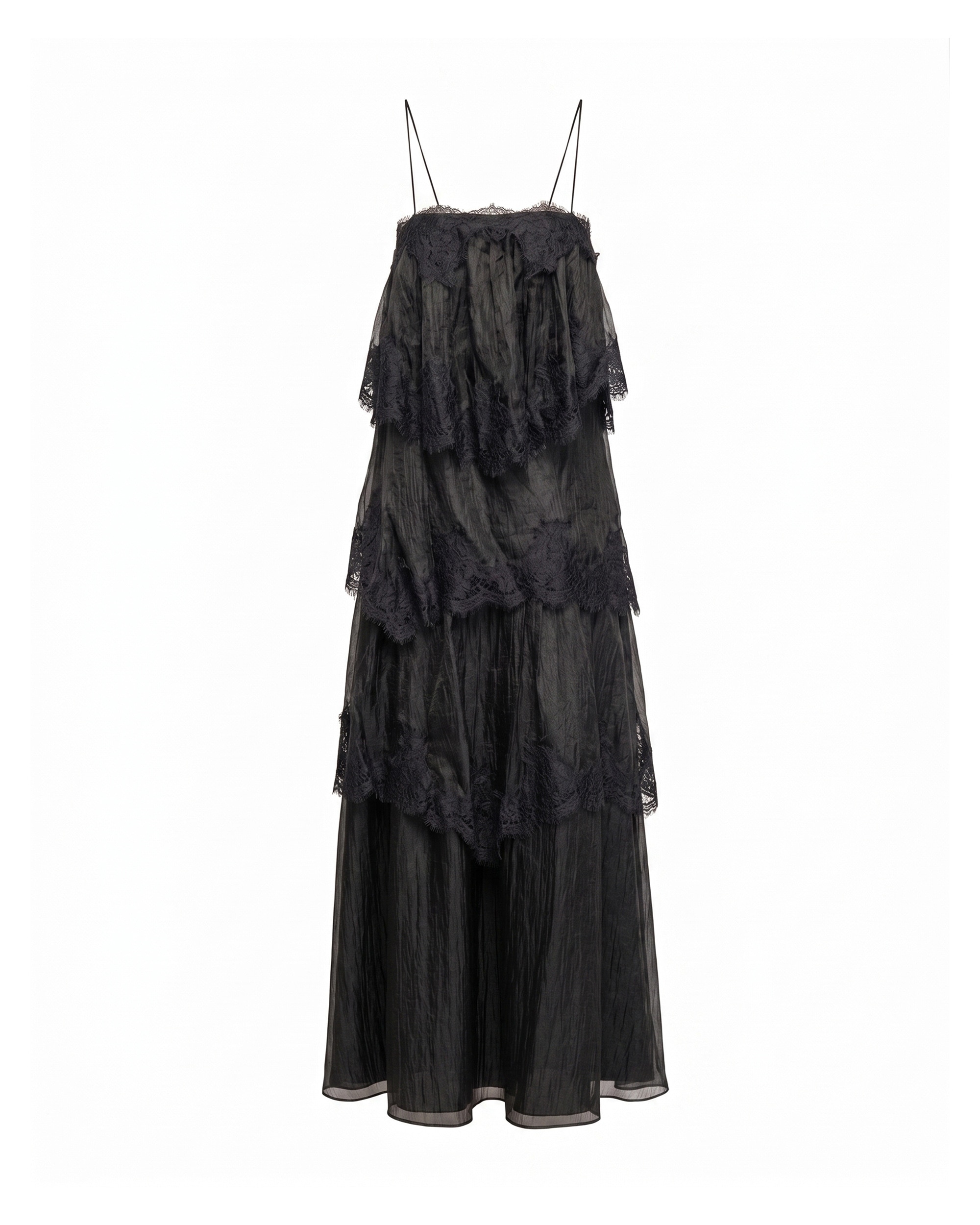 Vestido maxi de encaje y volantes con tirantes - Tantra - Negro Negro-5