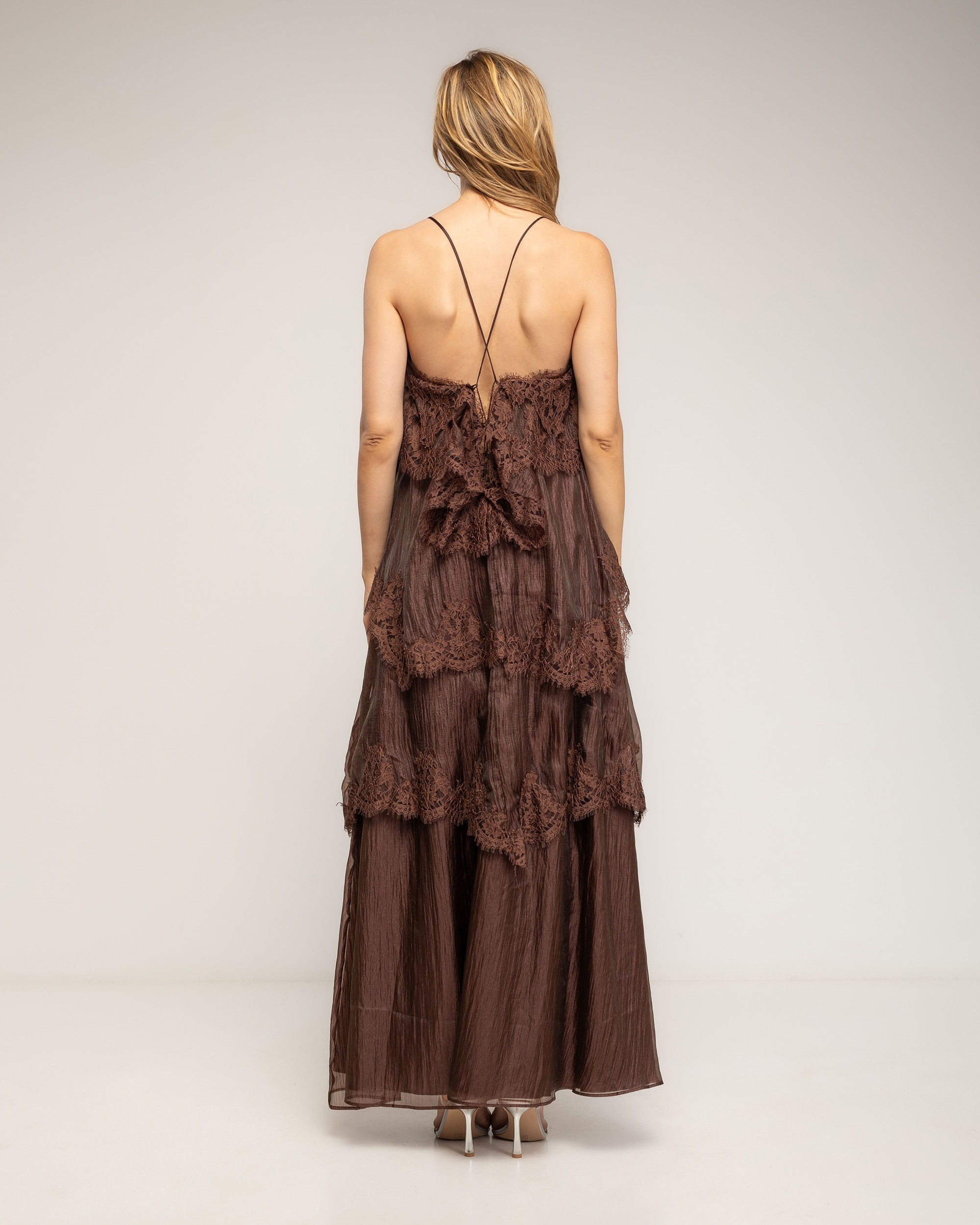 Vestido maxi de encaje y volantes con tirantes - Tantra - Marrón Marrón-3