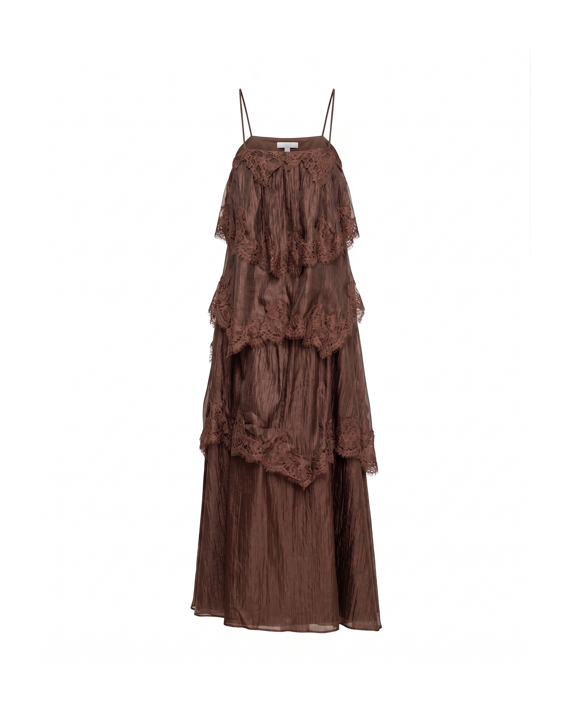 Vestido maxi de encaje y volantes con tirantes - Tantra - Marrón Marrón-5
