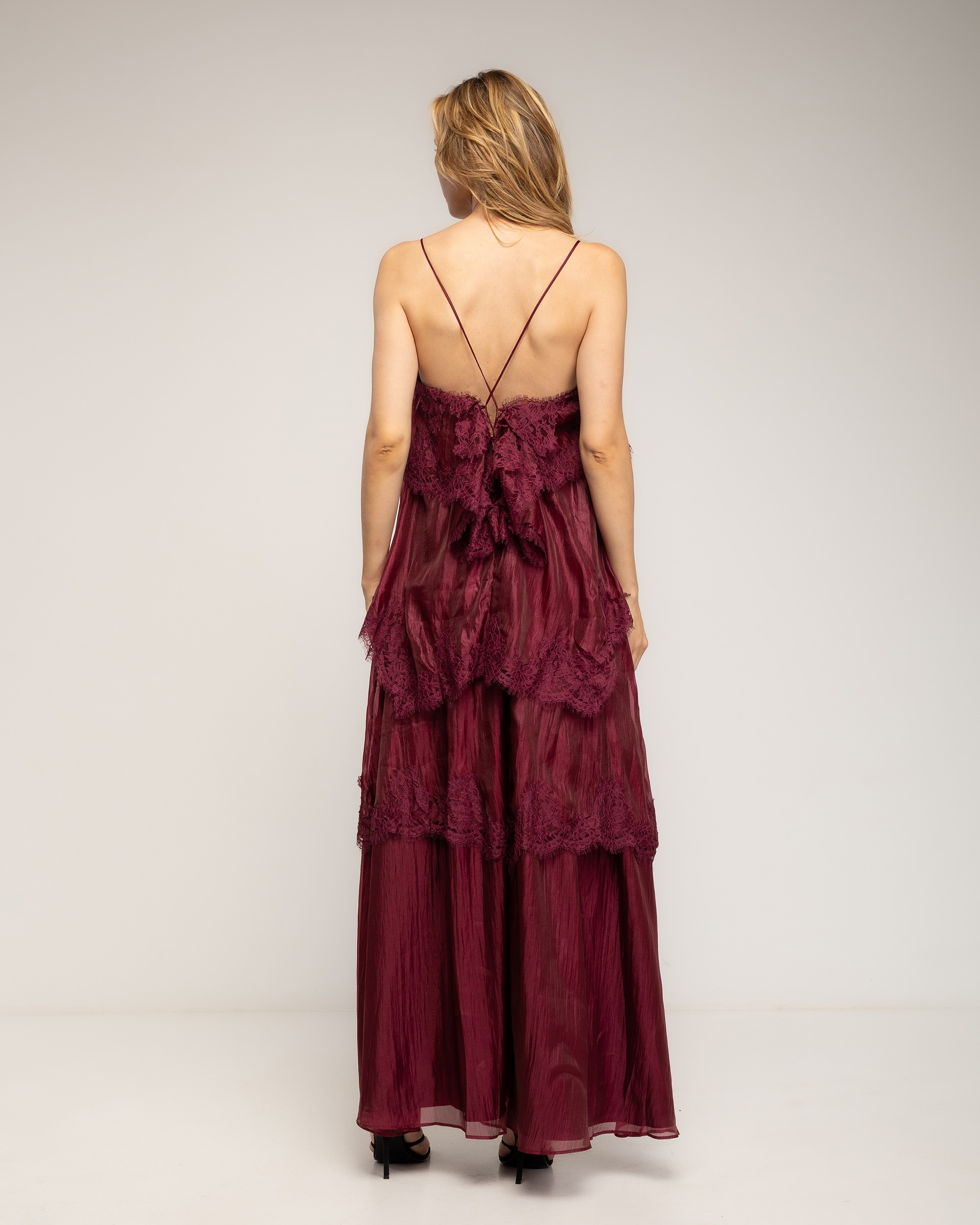 Vestido maxi de encaje y volantes con tirantes - Tantra - Burdeos Burdeos-2