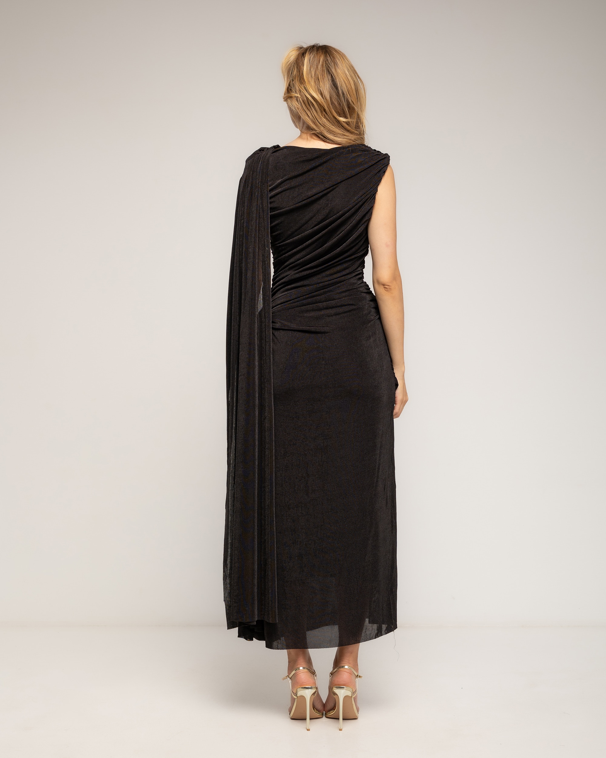 Vestido largo con drapeado en la cintura y caderay acabado tipo chal - Tantra - Negro Negro-2