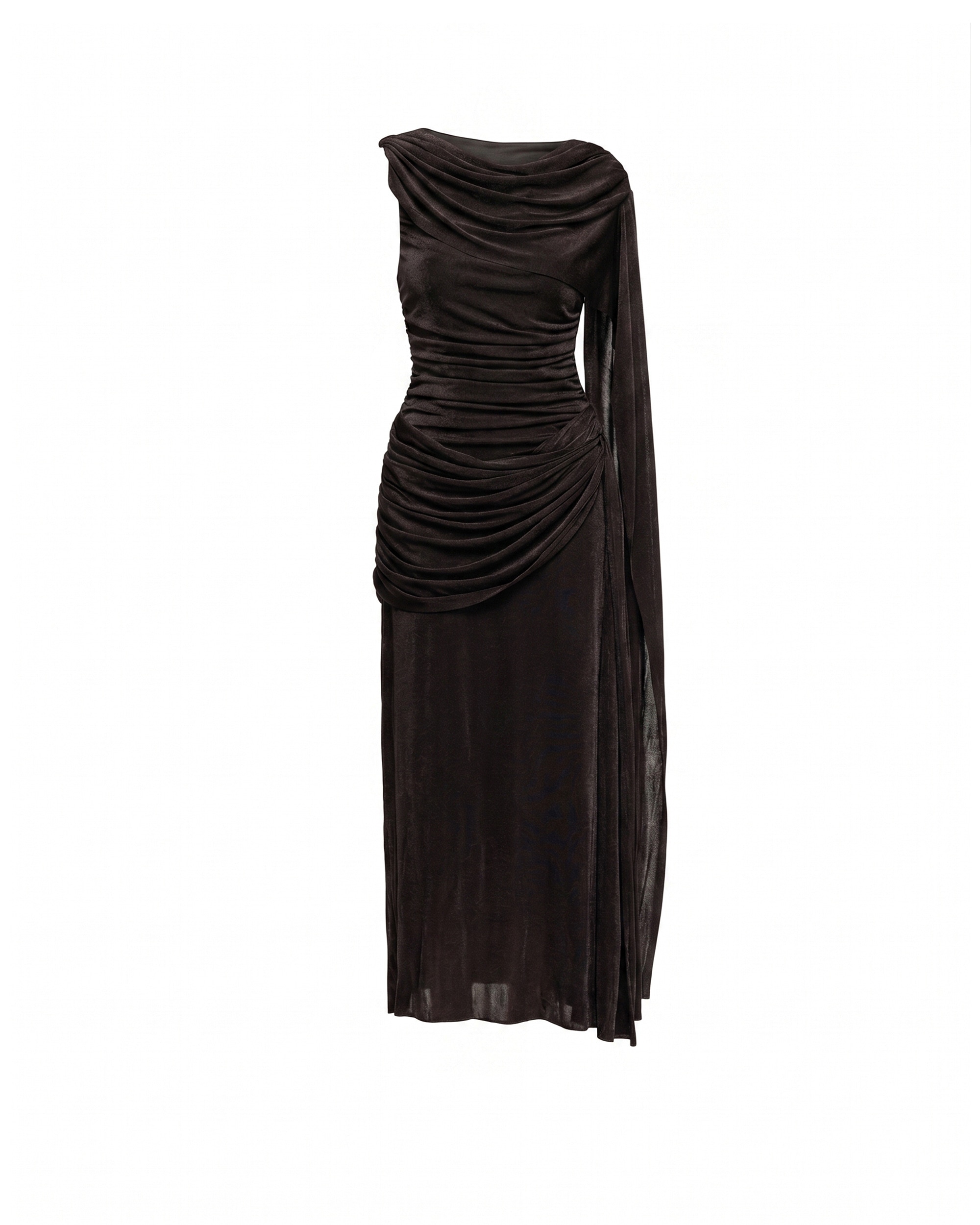 Vestido largo con drapeado en la cintura y caderay acabado tipo chal - Tantra - Negro Negro-5