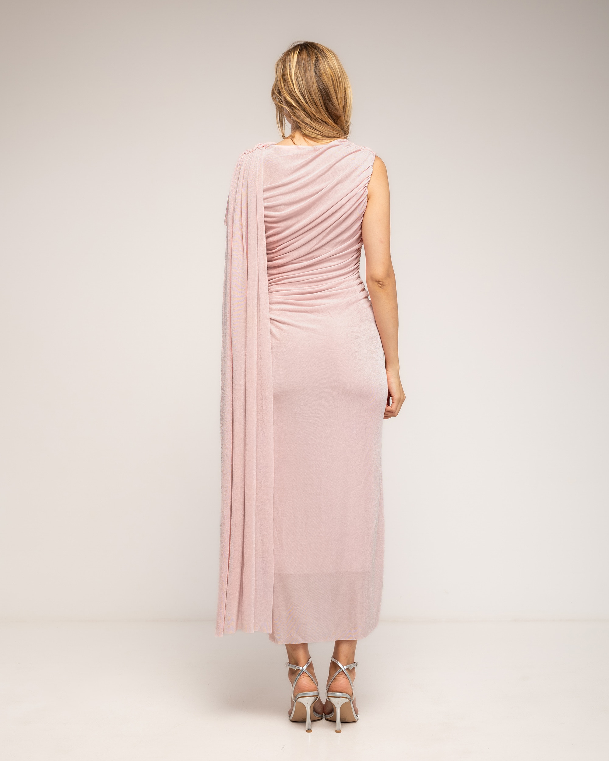 Vestido largo con drapeado en la cintura y caderay acabado tipo chal - Tantra - Rosa Rosa-3
