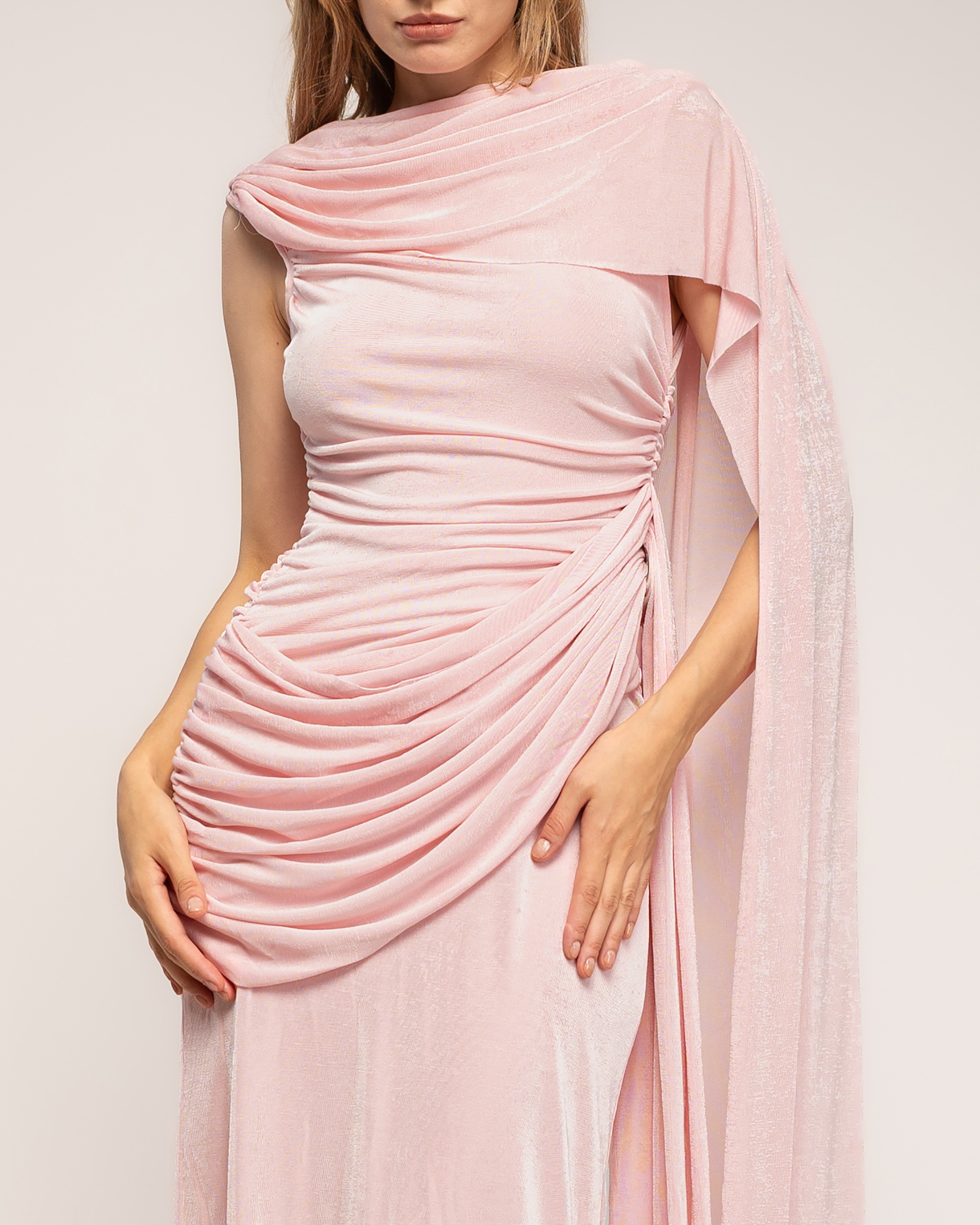 Vestido largo con drapeado en la cintura y caderay acabado tipo chal - Tantra - Rosa Rosa-4