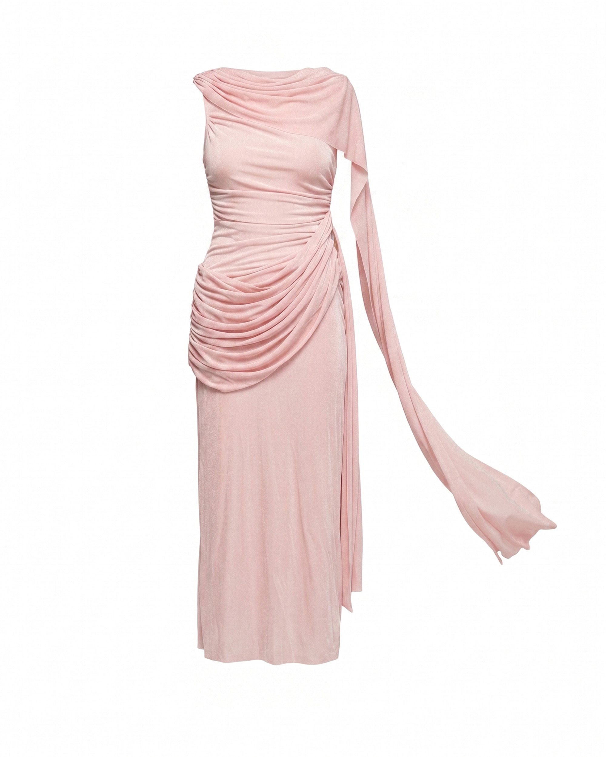 Vestido largo con drapeado en la cintura y caderay acabado tipo chal - Tantra - Rosa Rosa-5