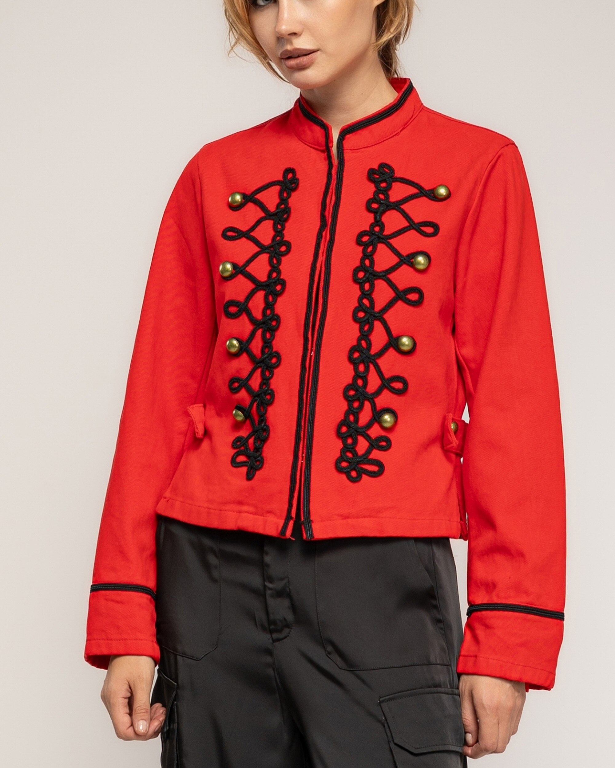 Chaqueta de mujer 100% algodón, tipo militar con detalle de cordones - Tantra - Rojo Rojo-3