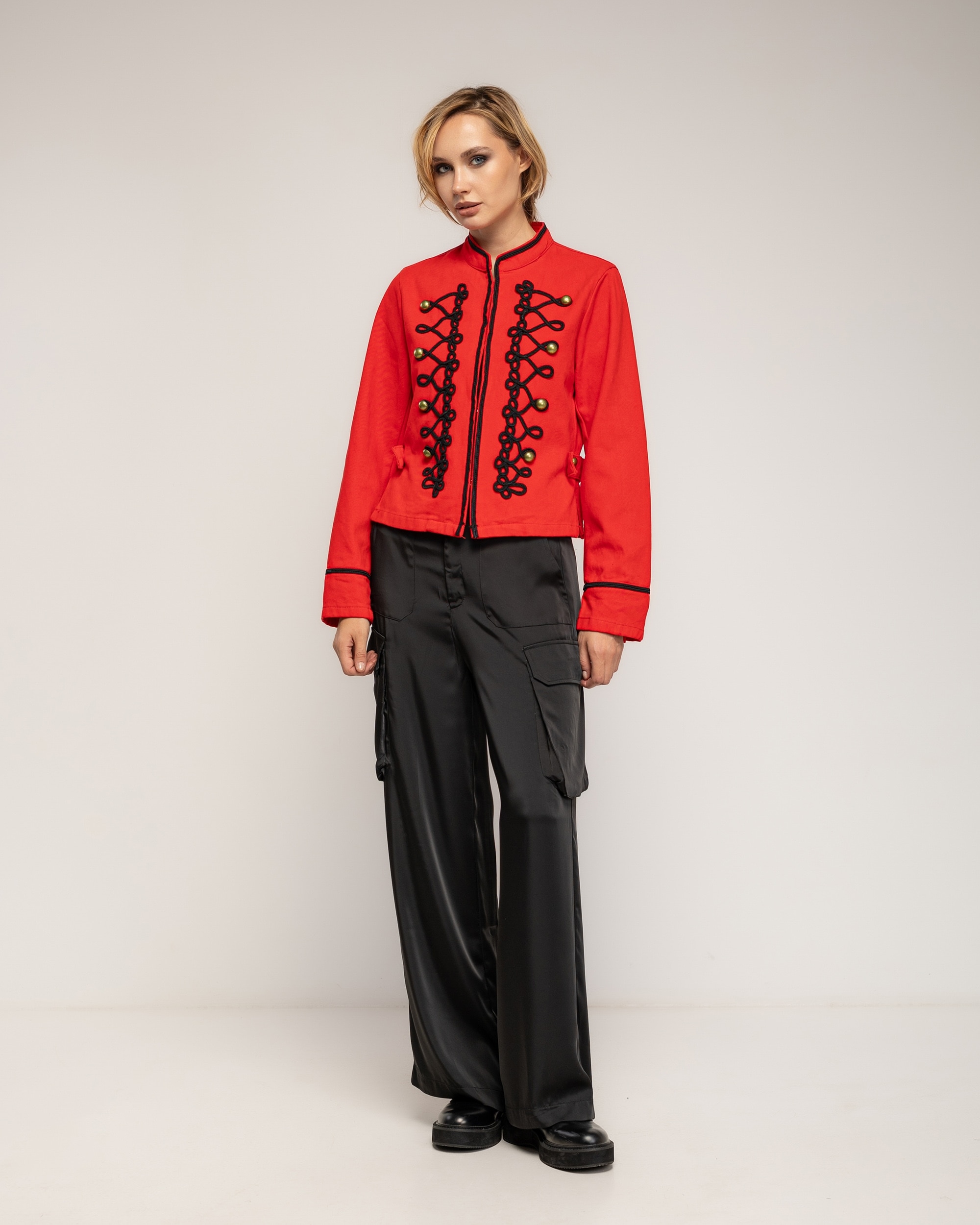 Chaqueta de mujer 100% algodón, tipo militar con detalle de cordones - Tantra - Rojo Rojo-4