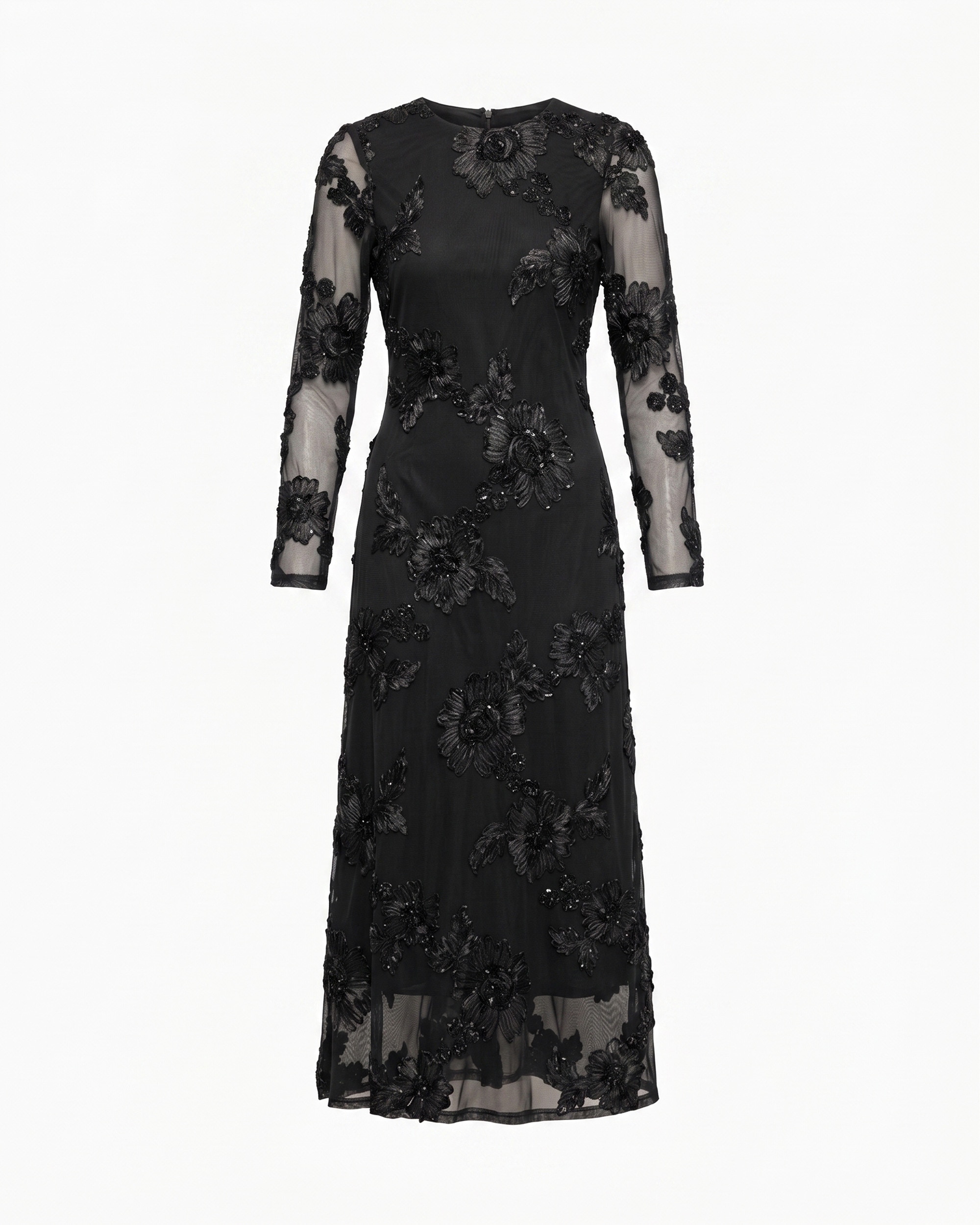 Vestido de tul largo con espalda descubierta y flores bordadas - Tantra - Negro Negro-5