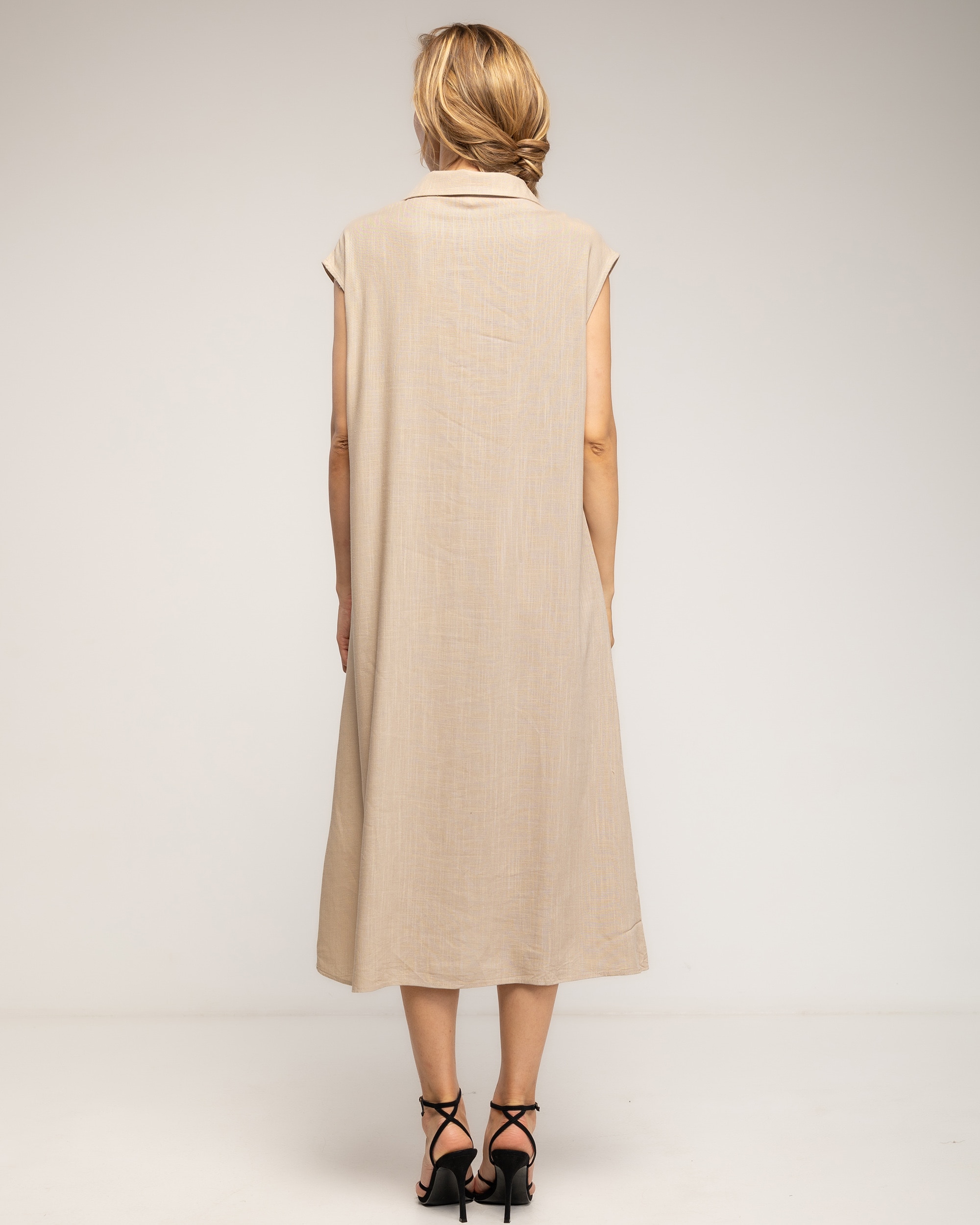 Vestido amplio con lino condibujo de paillets en el pecho - Tantra - Beige Beige-3