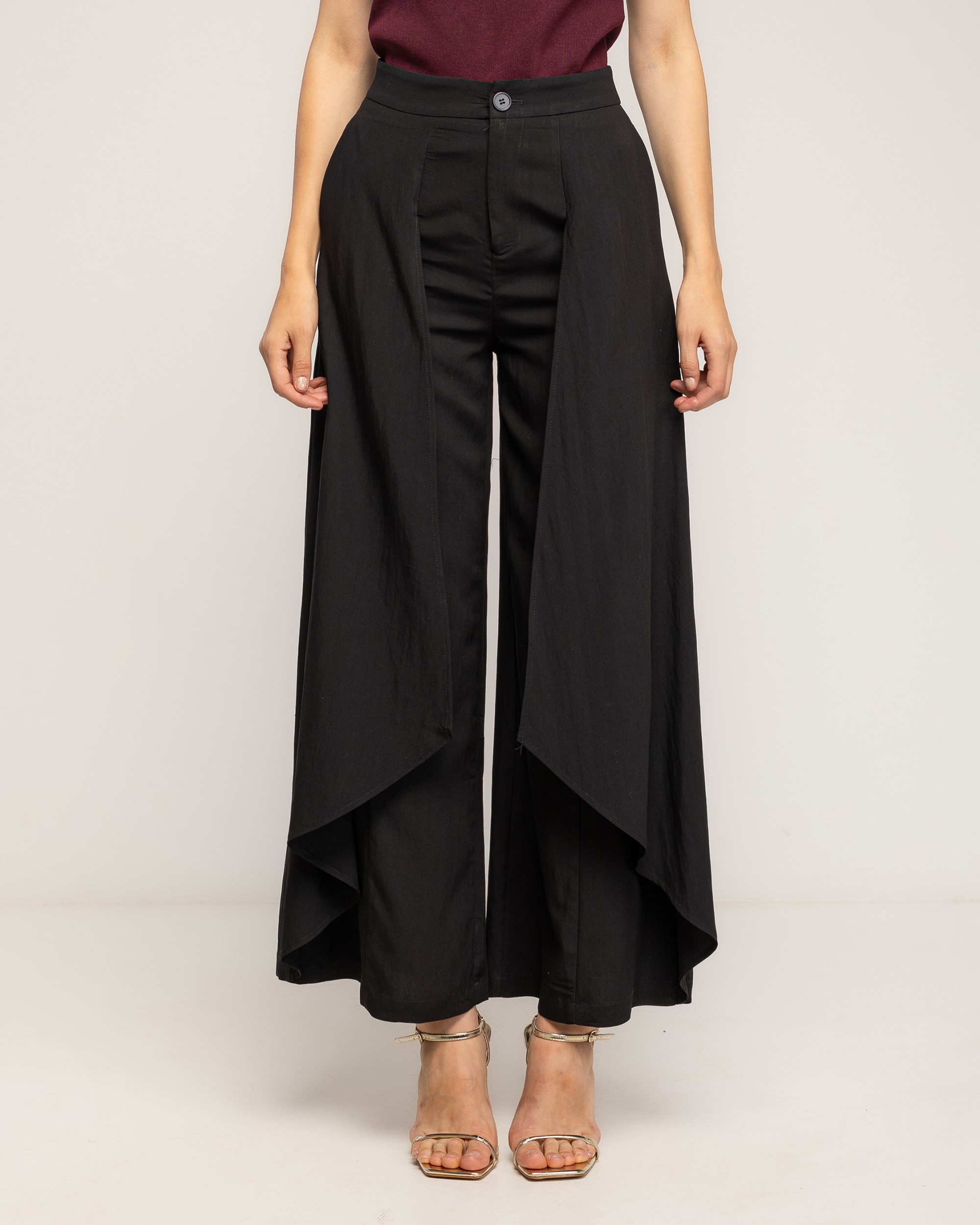 Pantalon de mujer fluido con sobrecapa a los lados - Tantra - Negro Negro-2